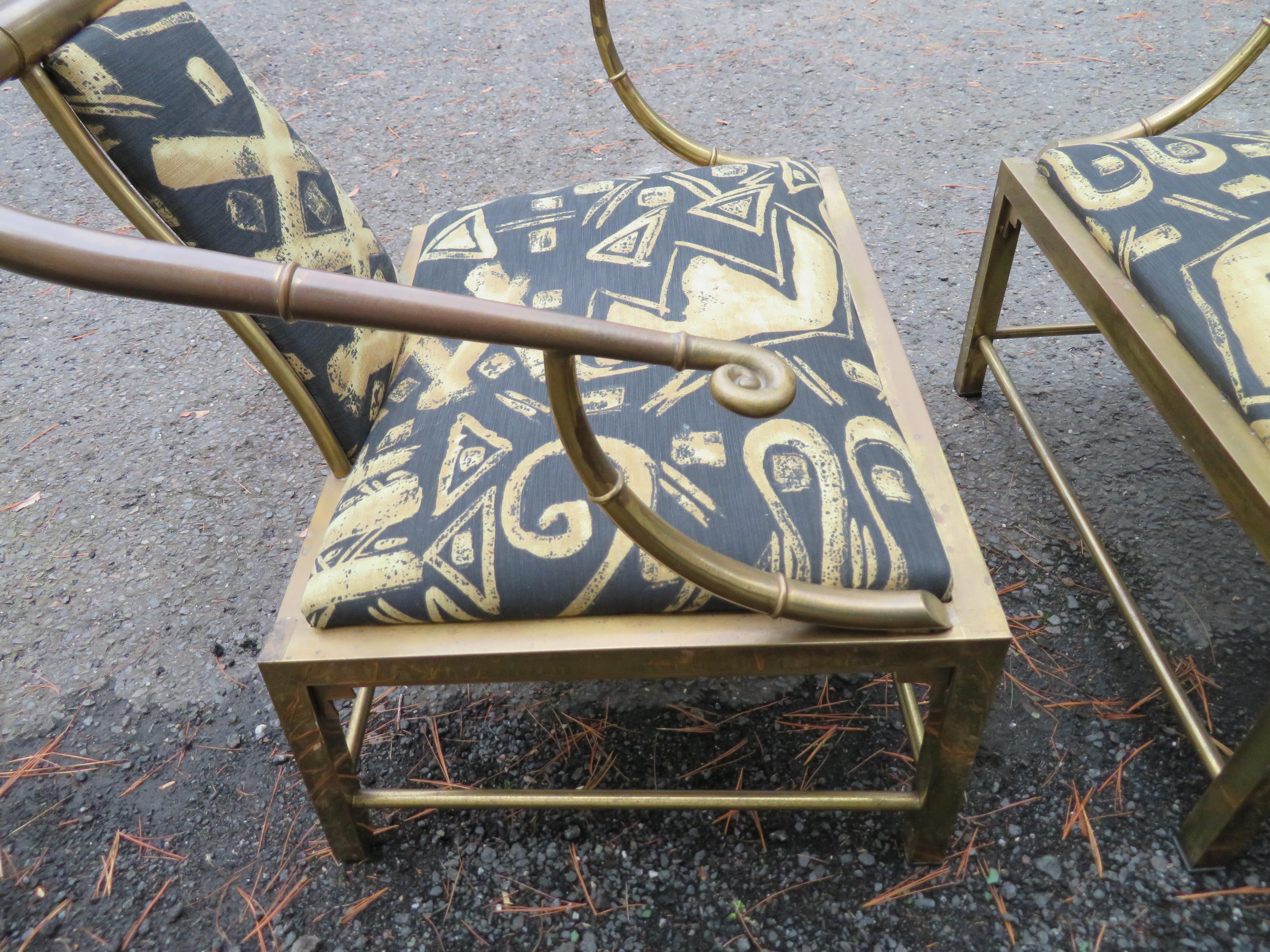 Unusual Pair Mastercraft Asian Horseshoe Back Brass Lounge Chairs Mid-Century  For Sale 4