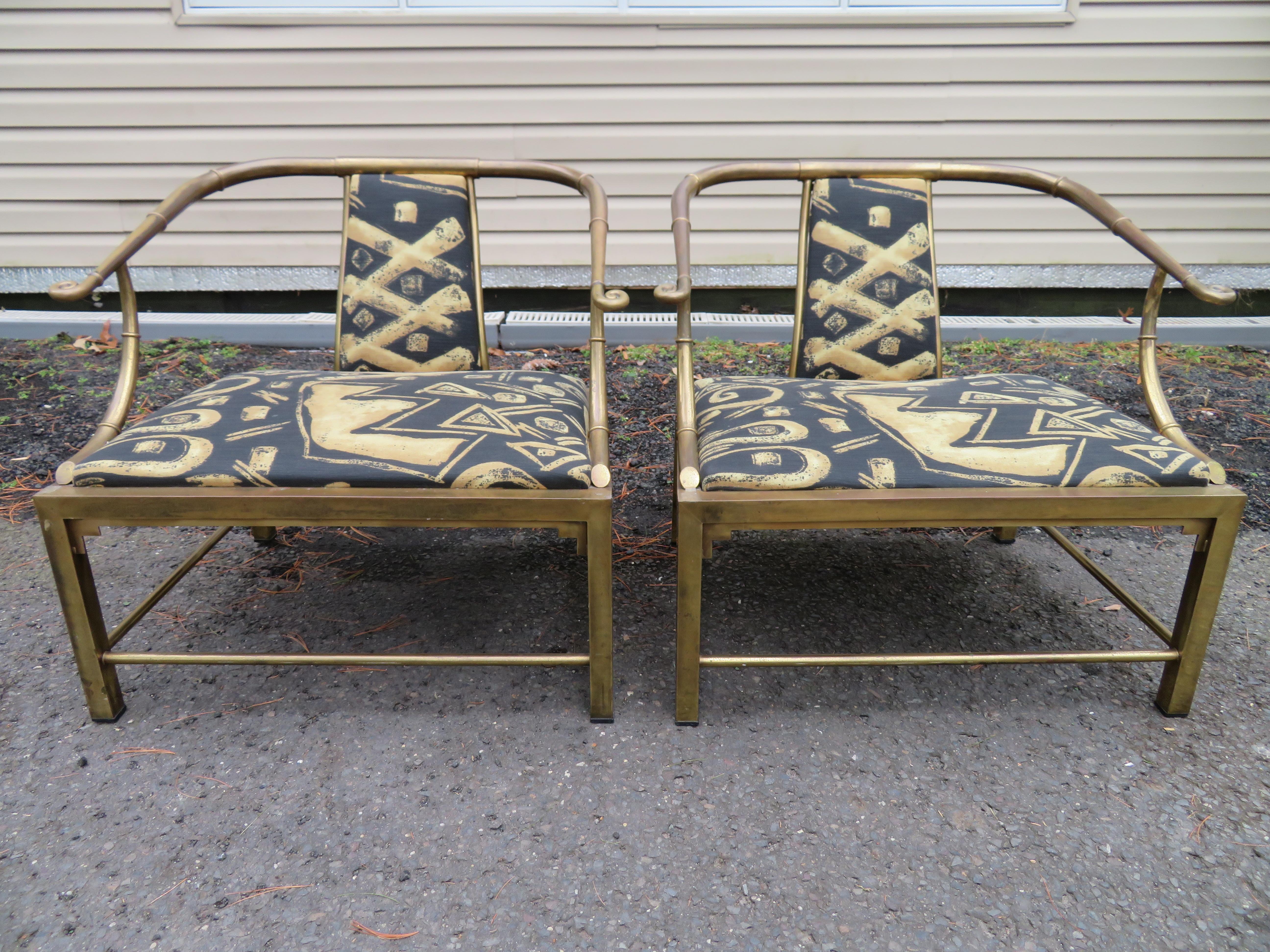 Unusual Pair Mastercraft Asian Horseshoe Back Brass Lounge Chairs Mid-Century  For Sale 12