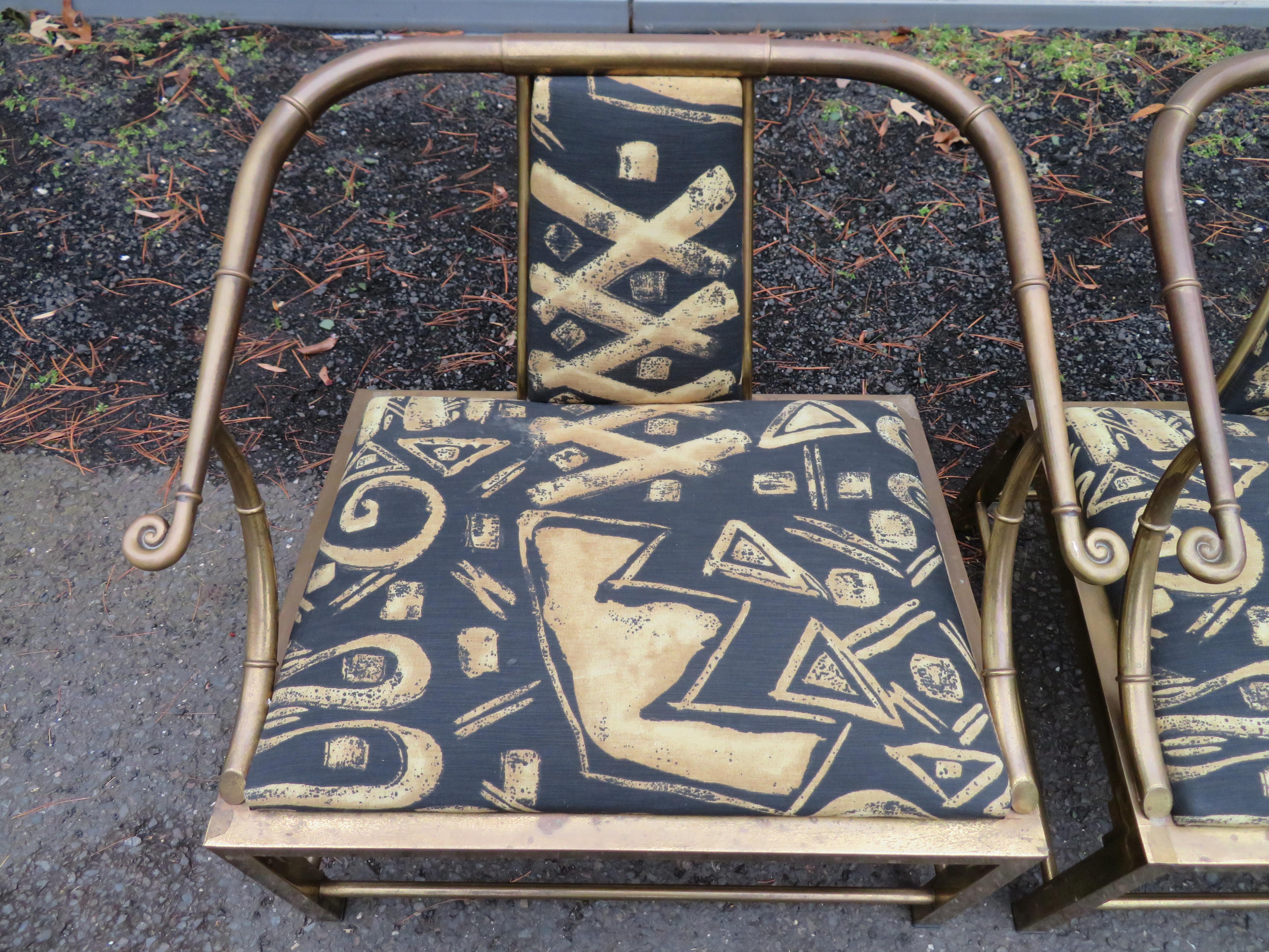 Mid-Century Modern Unusual Pair Mastercraft Asian Horseshoe Back Brass Lounge Chairs Mid-Century  For Sale
