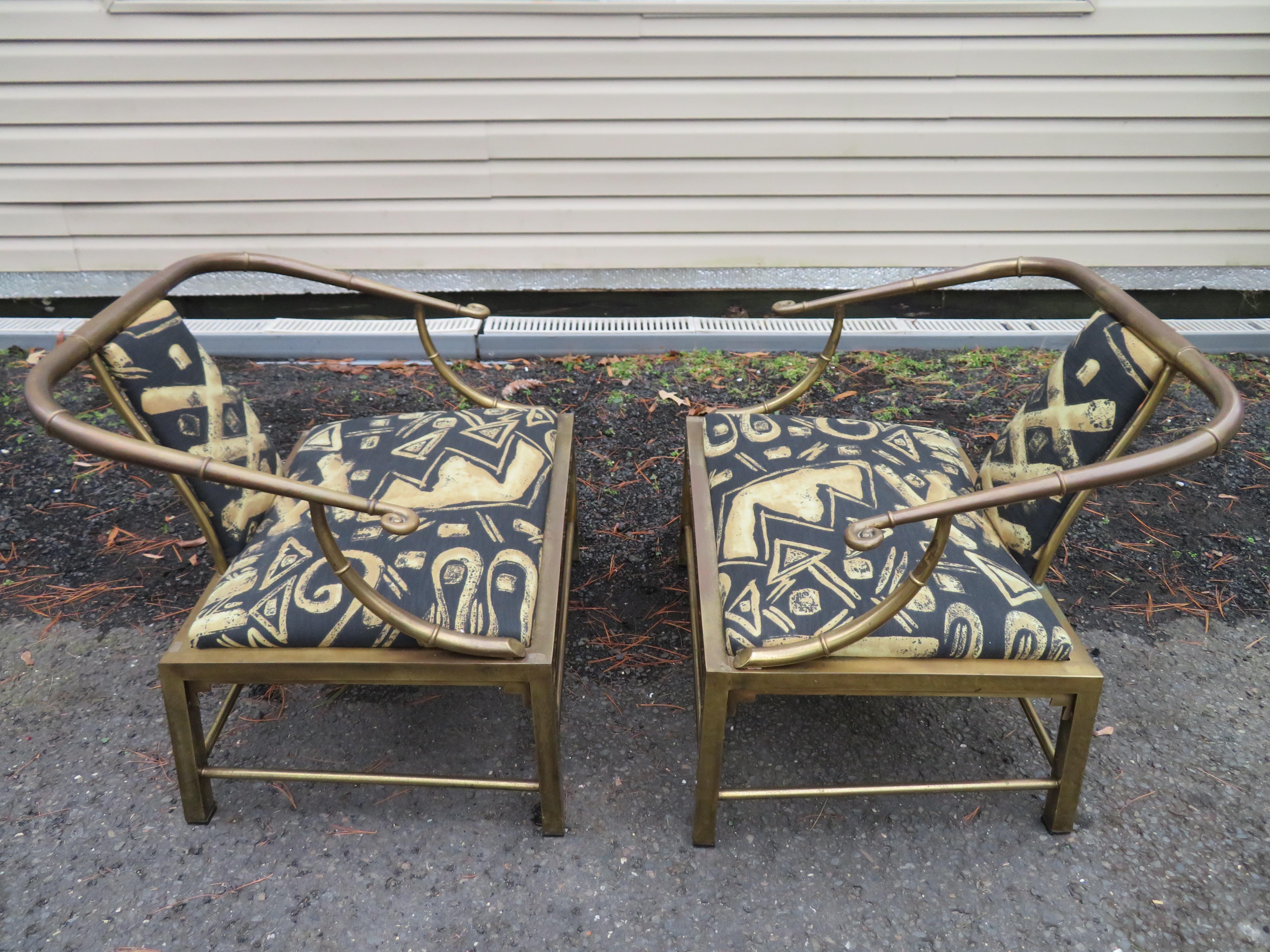 American Unusual Pair Mastercraft Asian Horseshoe Back Brass Lounge Chairs Mid-Century  For Sale