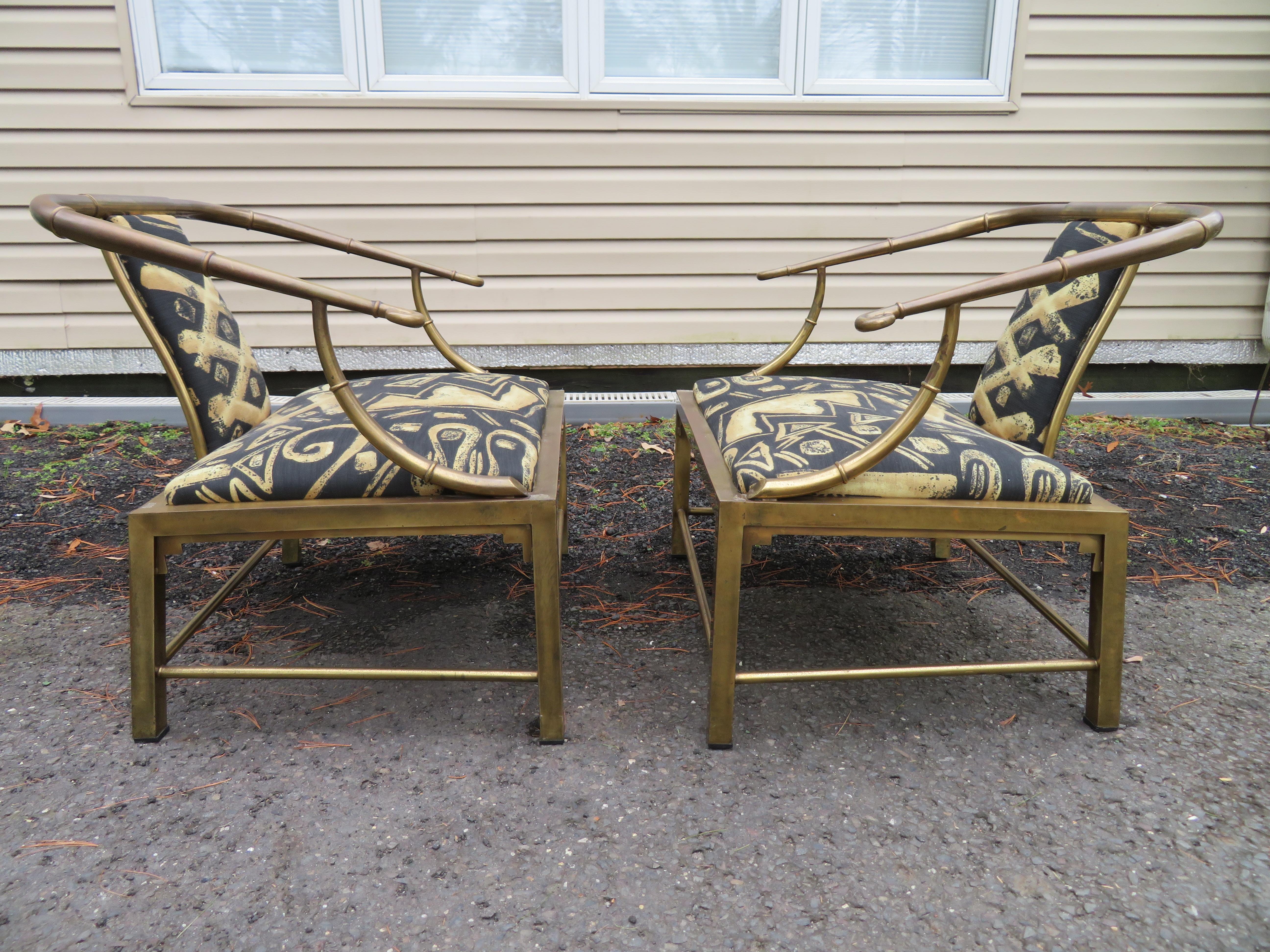 Unusual Pair Mastercraft Asian Horseshoe Back Brass Lounge Chairs Mid-Century  In Good Condition For Sale In Pemberton, NJ