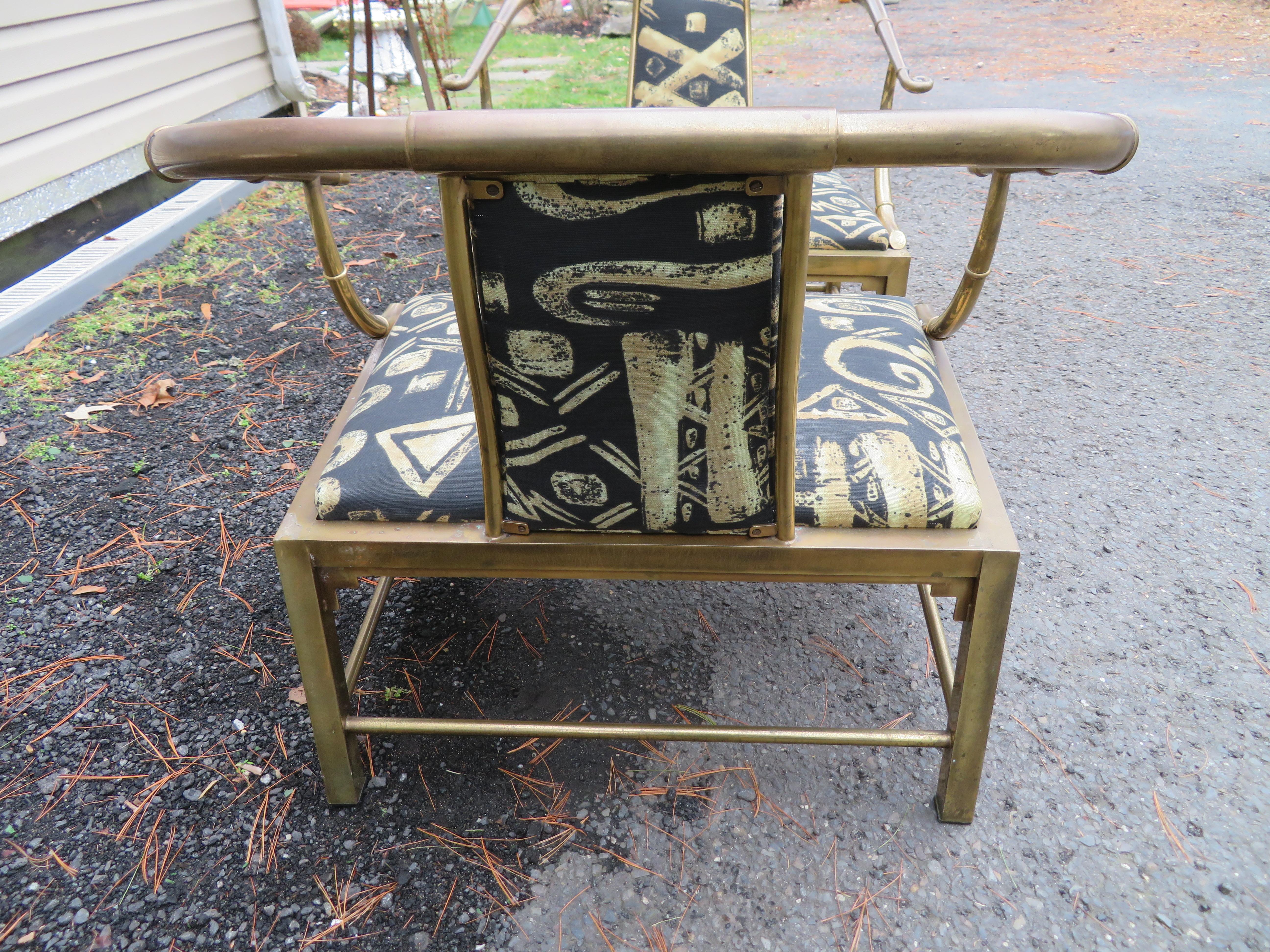 Mid-20th Century Unusual Pair Mastercraft Asian Horseshoe Back Brass Lounge Chairs Mid-Century  For Sale