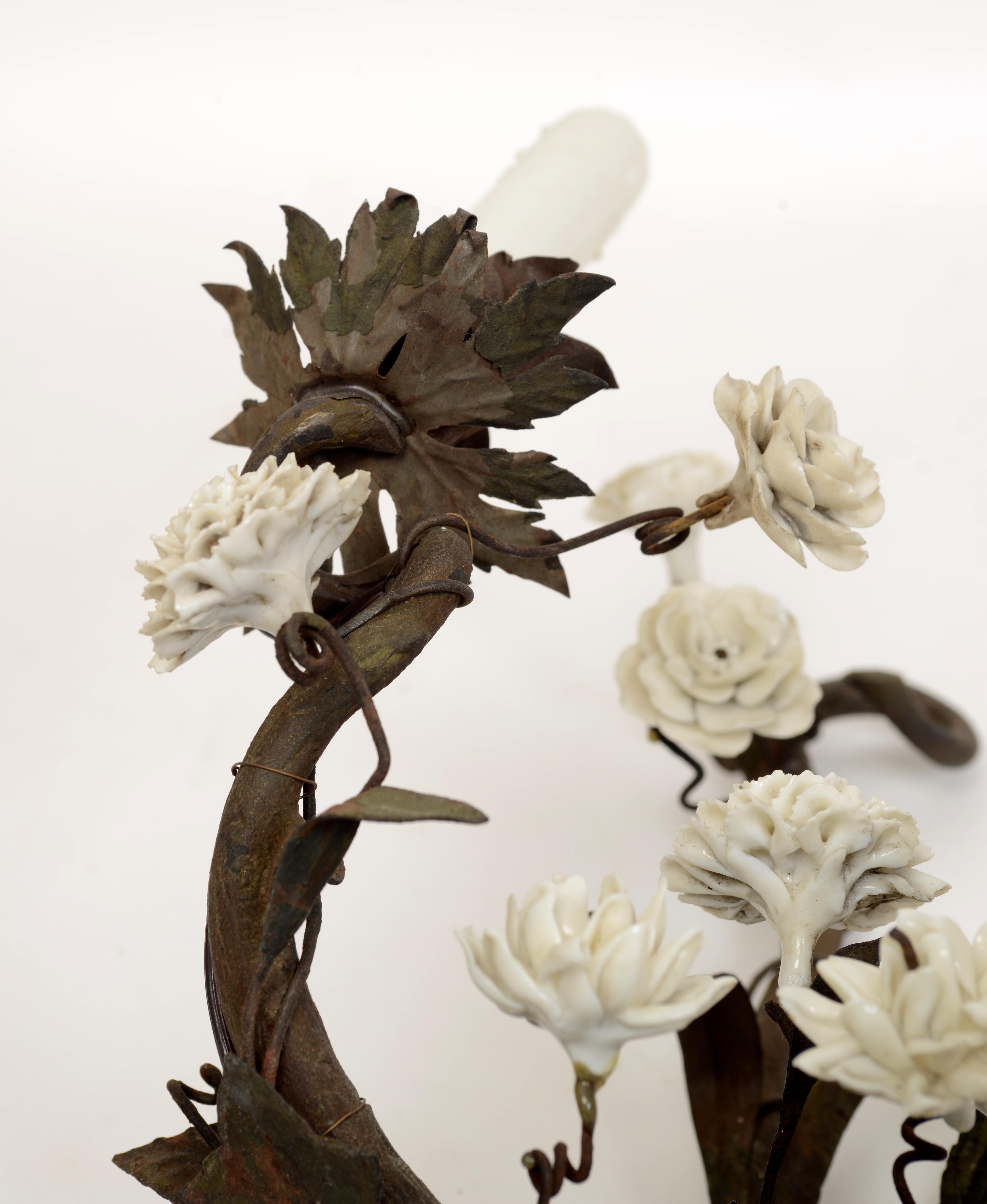 Unusual Pair of French Tole and Iron Sconces with White Porcelain Flowers 6