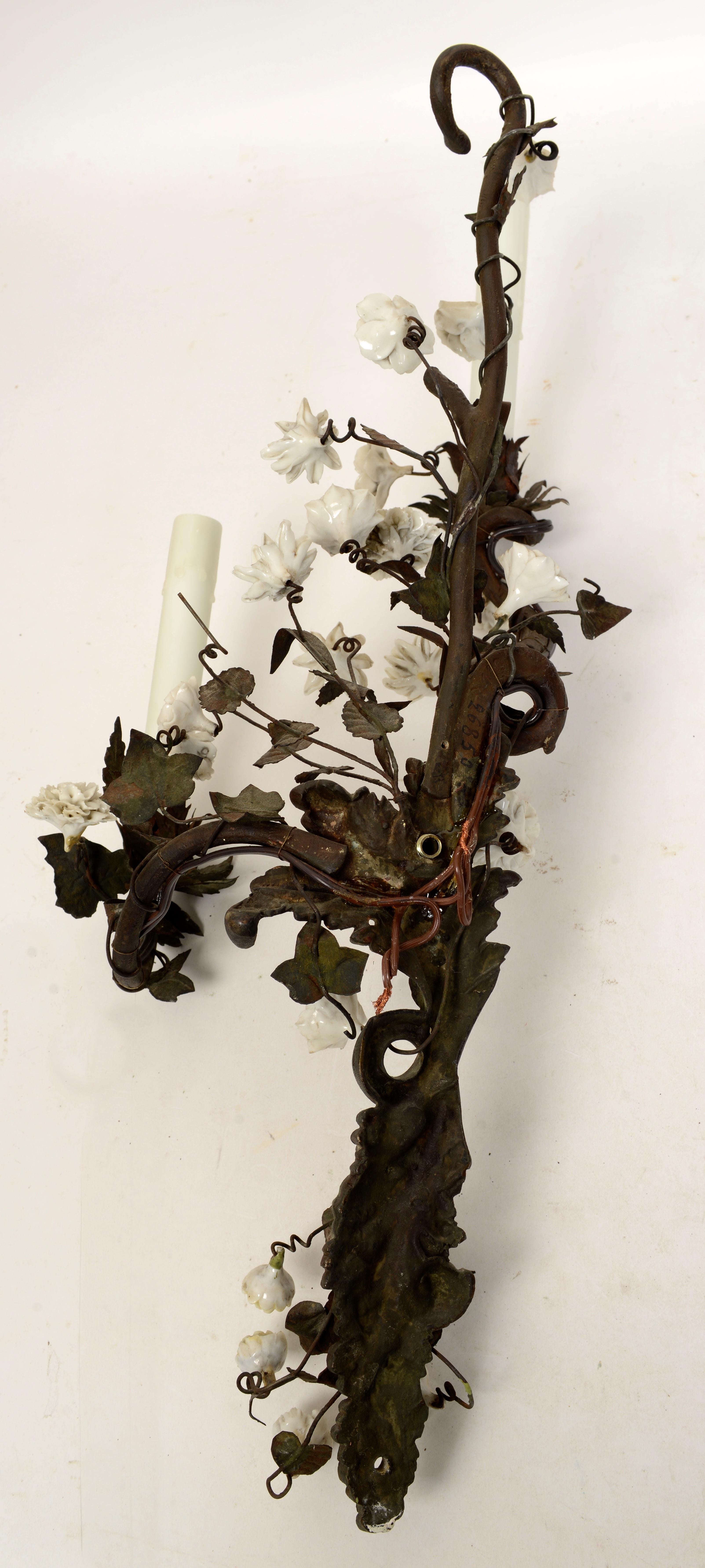 Unusual Pair of French Tole and Iron Sconces with White Porcelain Flowers 7
