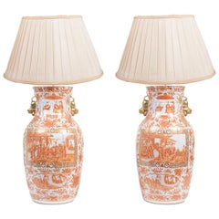 Unusual Pair of 19th Century Cantonese Orange Decorated Vases / Lamps