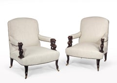 Unusual Pair of 19th Century French Dragons Head Linen Open Armchairs