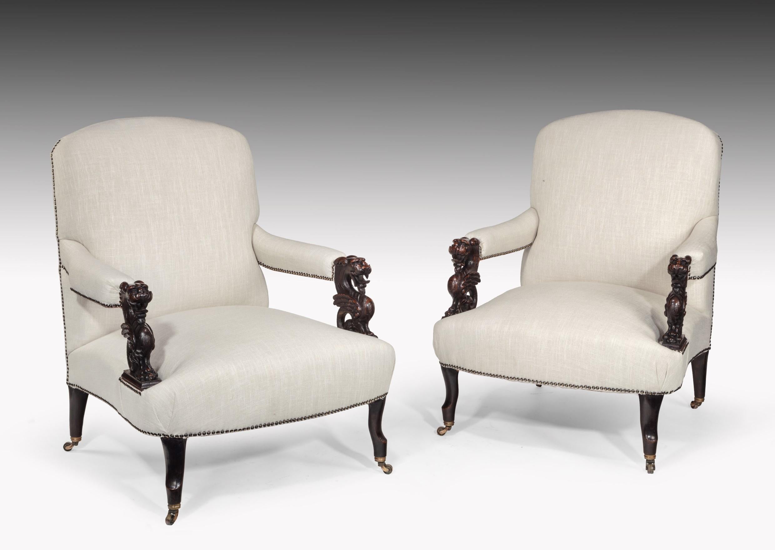 Unusual Pair of 19th Century French Dragons Head Linen Open Armchairs In Excellent Condition In Benington, Herts