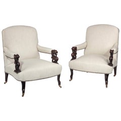 Unusual Pair of 19th Century French Dragons Head Linen Open Armchairs