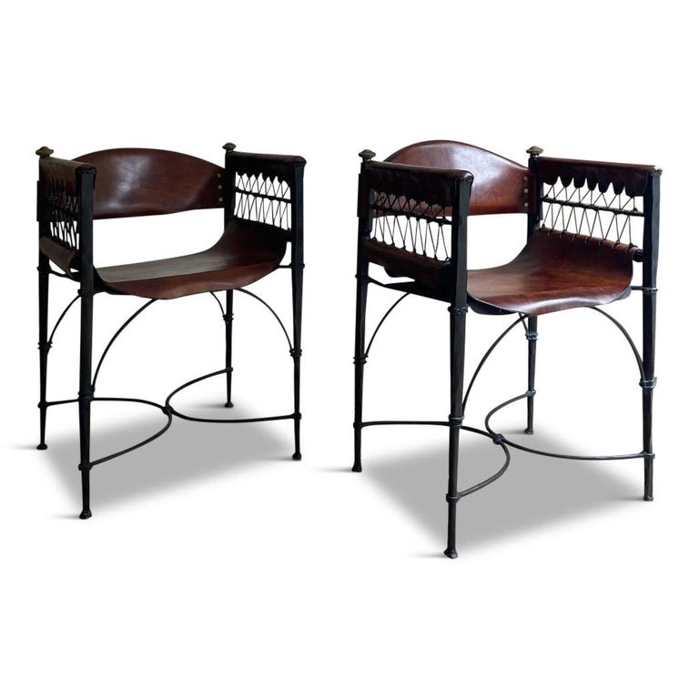 Unusual Pair of 20th Century Iron and Cognac Leather Chairs For Sale at