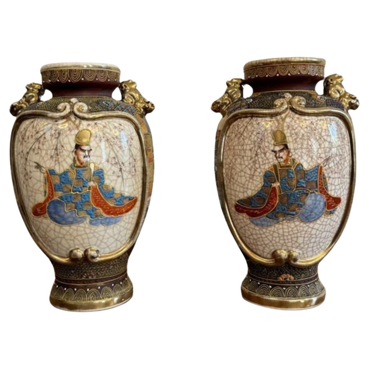 Unusual pair of antique 19th century quality Japanese satsuma vases For Sale