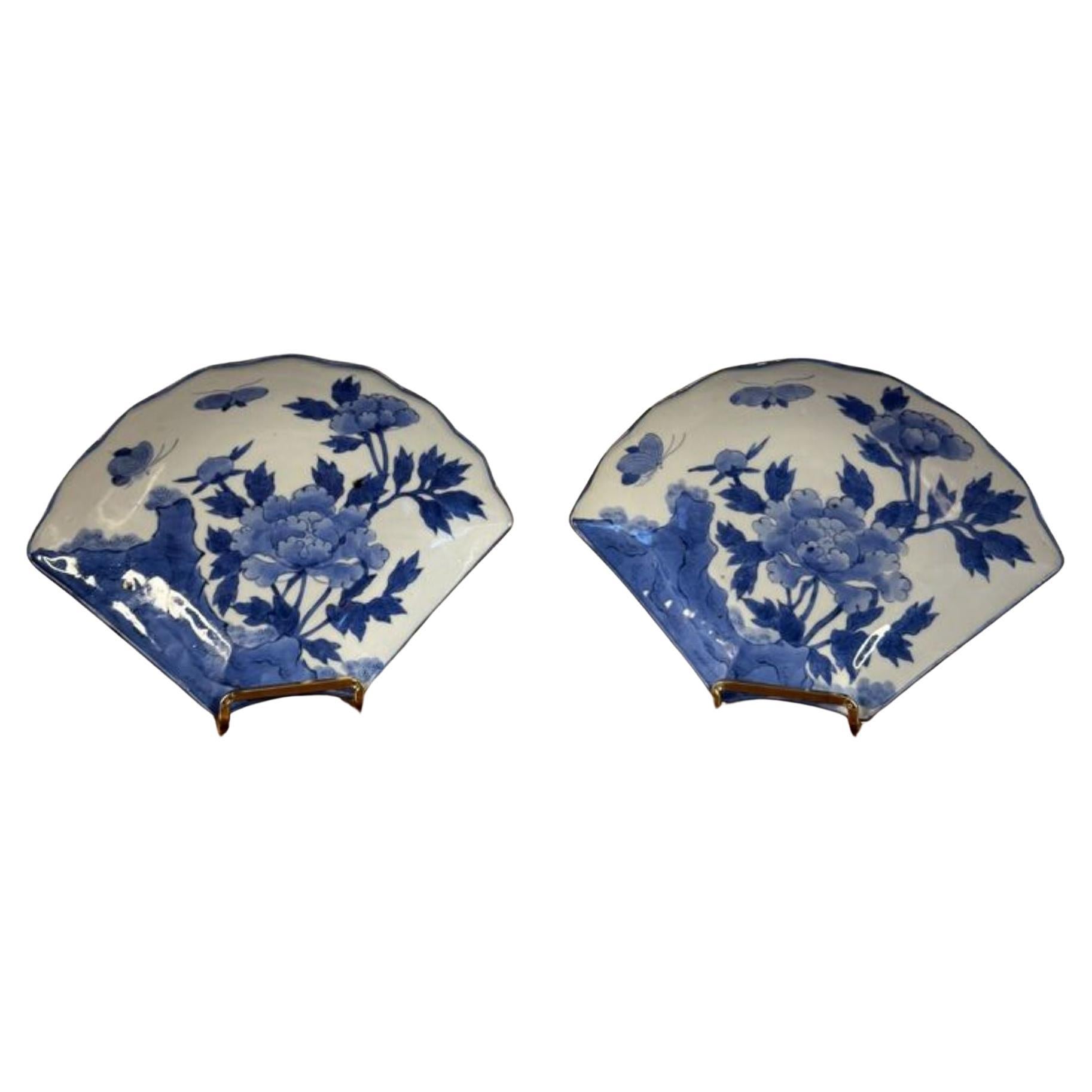 Unusual pair of antique blue and white fan shaped Japanese imari dishes
