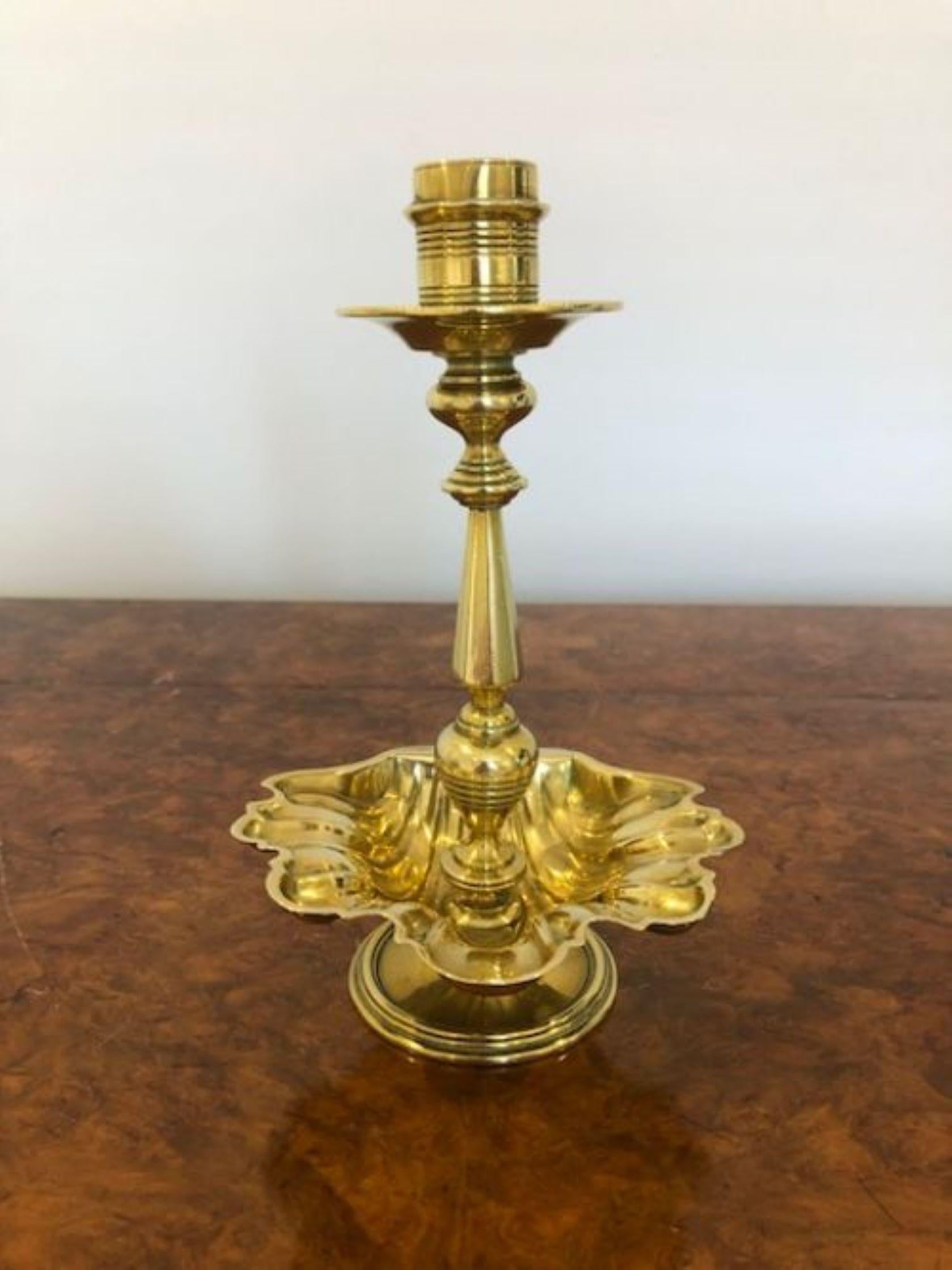 Unusual Pair of Antique Brass Candlesticks. Unusual shell shaped bases, with hexagon shaped columns, circular drip trays, and ring turned engraving