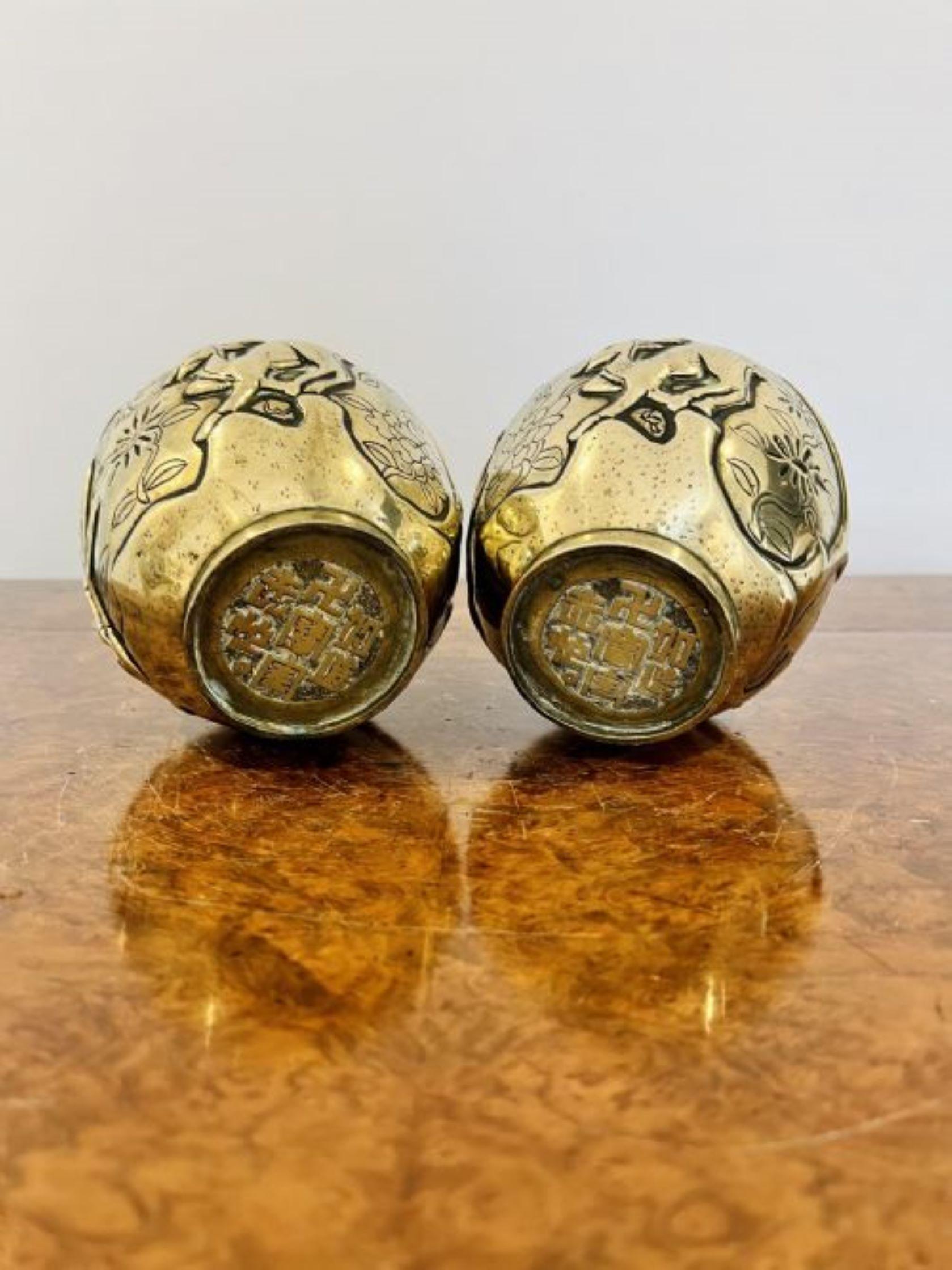 Unusual pair of antique Chinese brass jardinieres with wonderful engraved decoration 