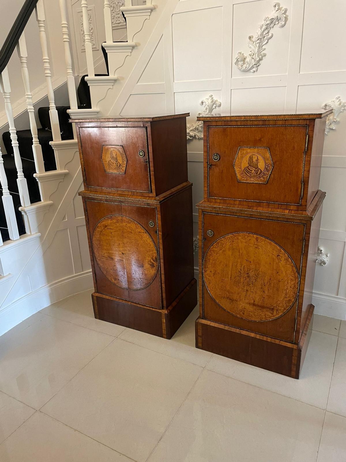 Unusual pair of antique George III quality inlaid mahogany and kingwood pedestals having quality mahogany polished top above an inlaid mahogany and kingwood door opening to reveal a shelf interior above a large inlaid mahogany and kingwood cupboard