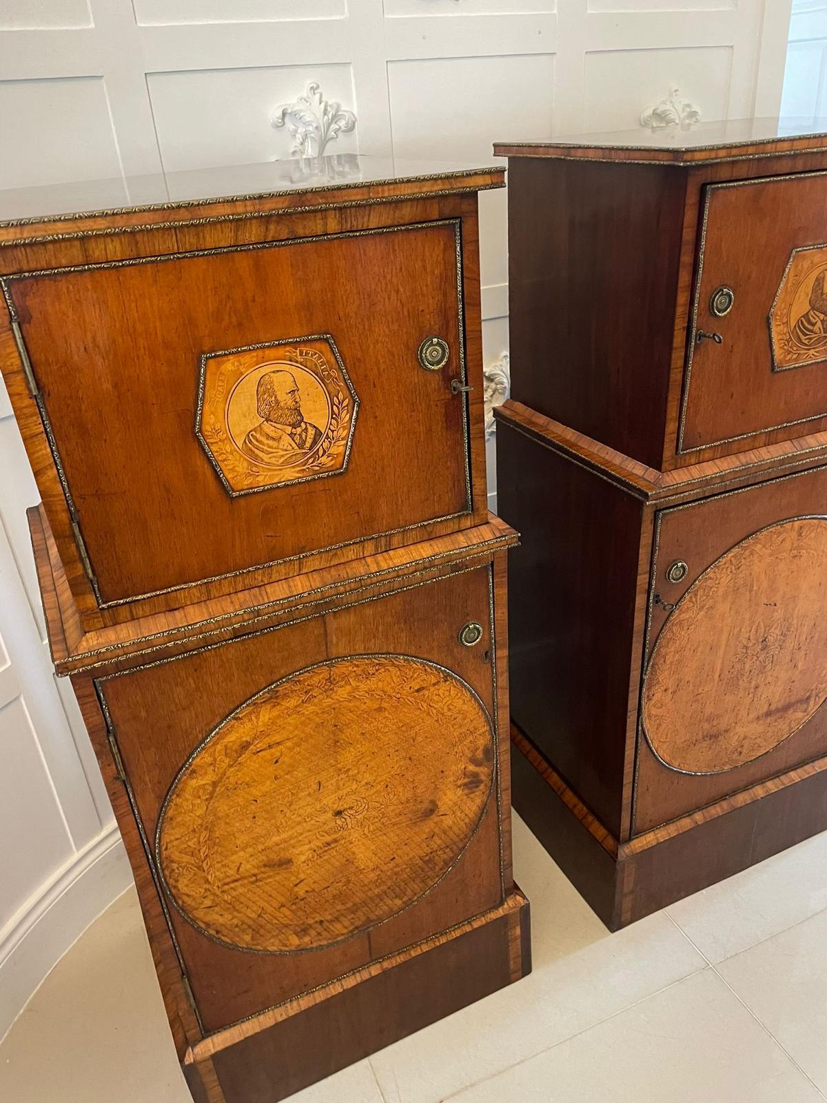 English Unusual Pair of Antique George III Inlaid Mahogany and Kingwood Pedestals For Sale