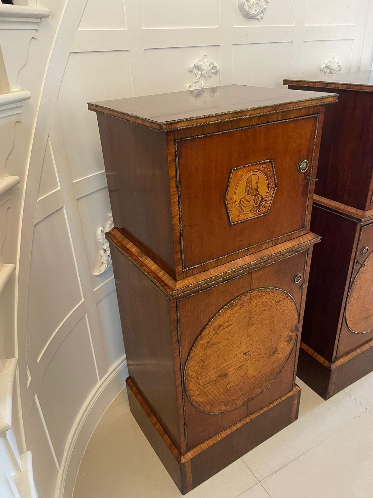 Inlay Unusual Pair of Antique George III Inlaid Mahogany and Kingwood Pedestals For Sale