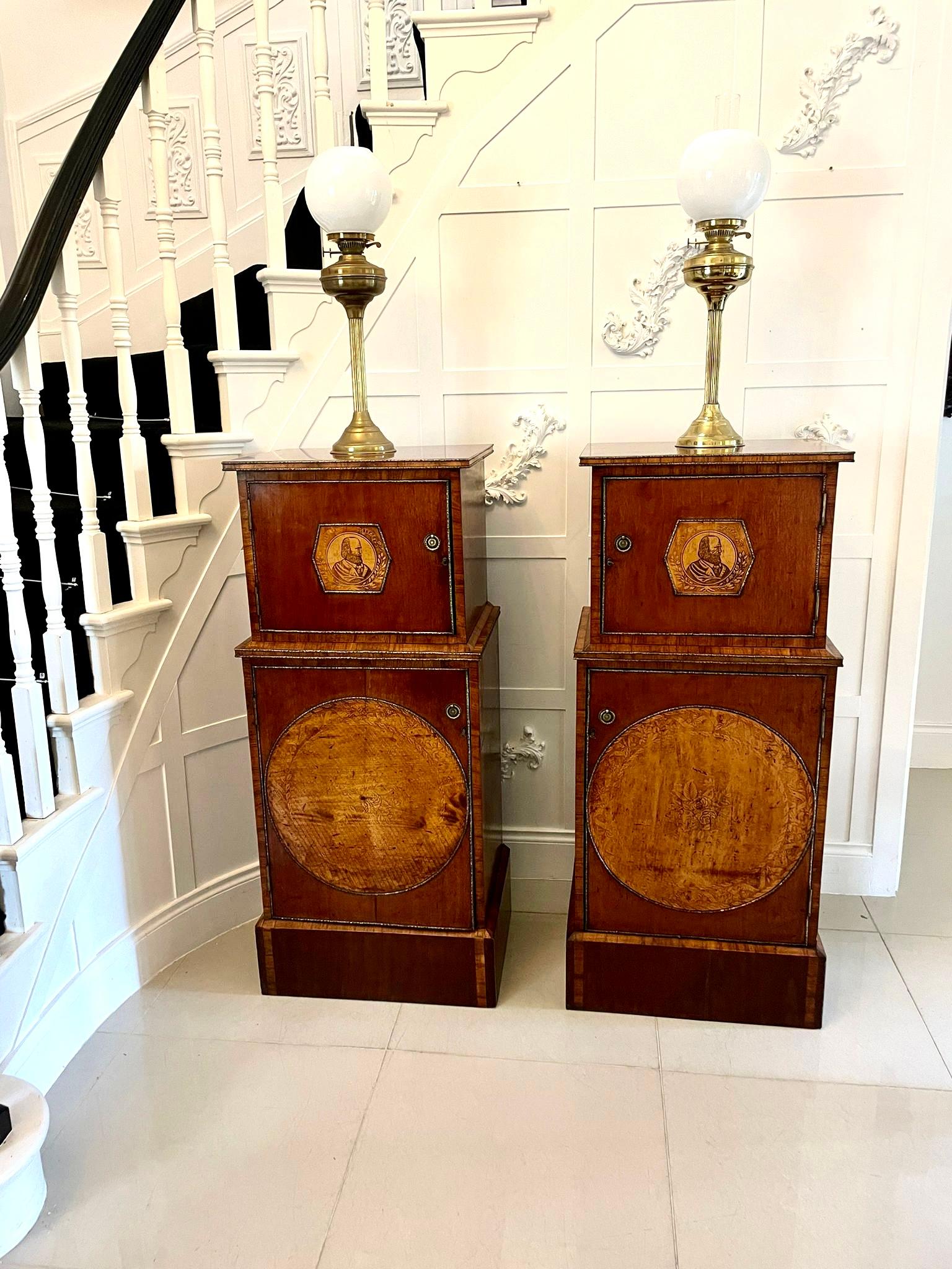 Unusual Pair of Antique George III Inlaid Mahogany and Kingwood Pedestals For Sale 1