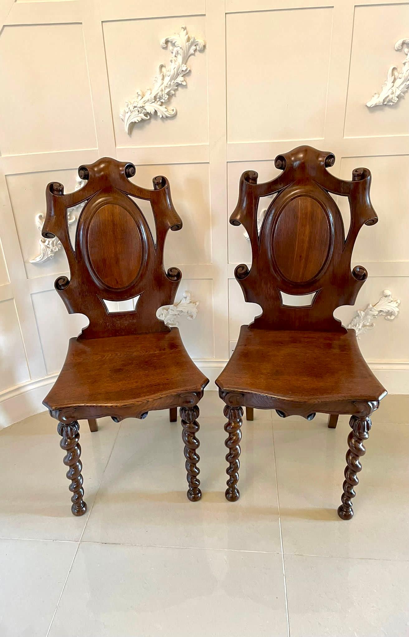 Unusual Pair of Antique Victorian Oak Hall Chairs For Sale 8
