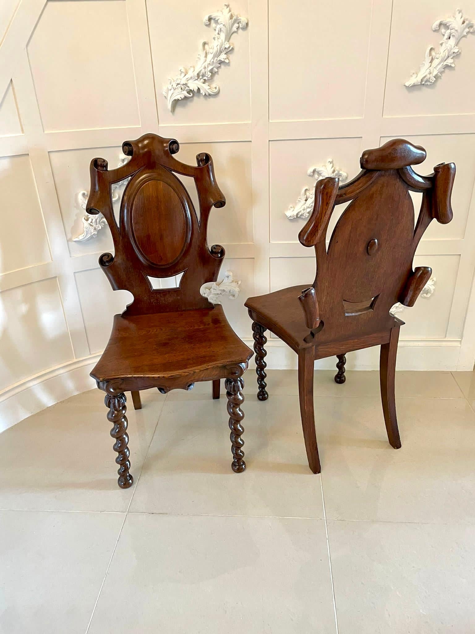 Unusual Pair of Antique Victorian Oak Hall Chairs For Sale 11