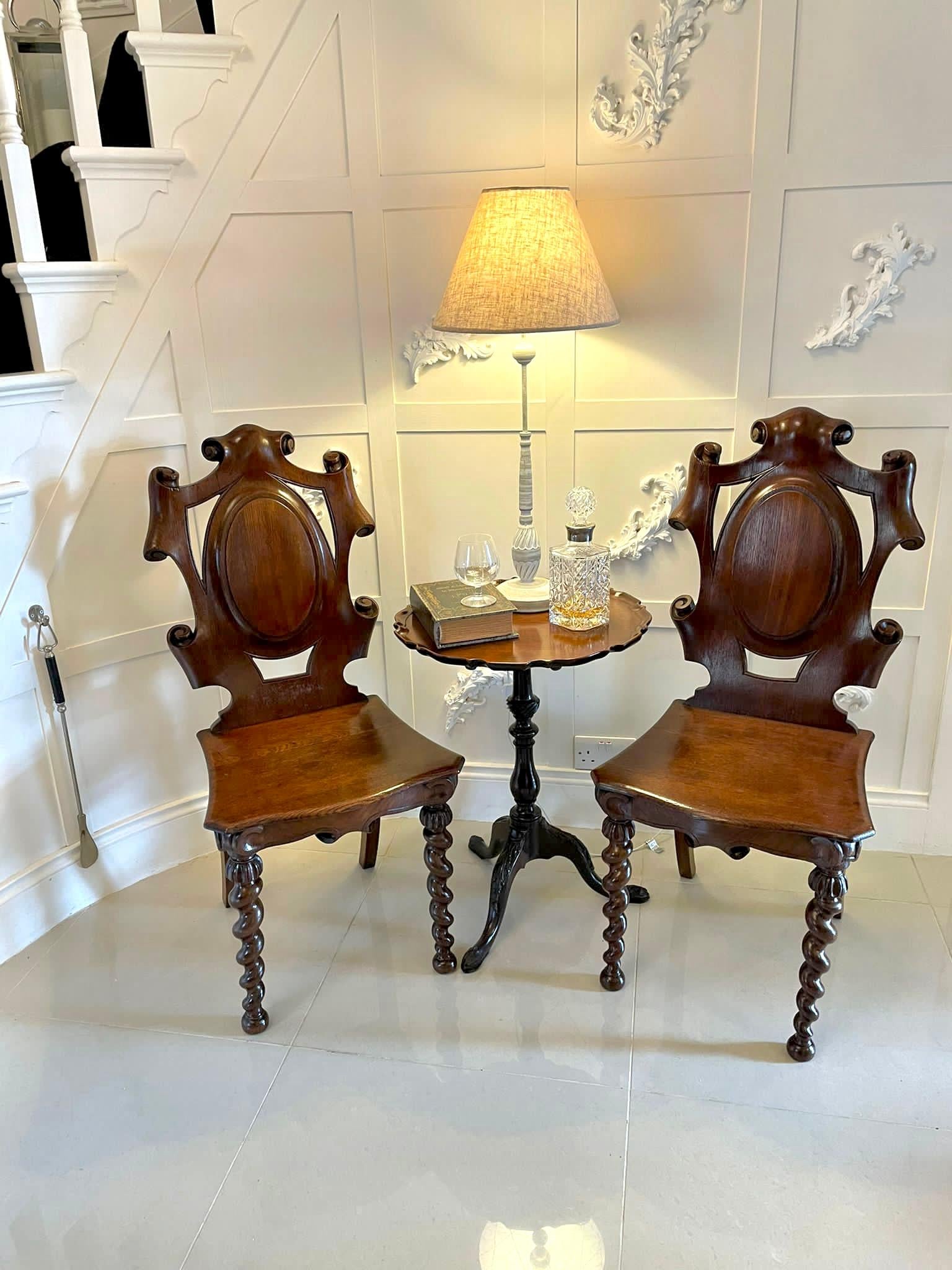 Unusual Pair of Antique Victorian Oak Hall Chairs For Sale 2