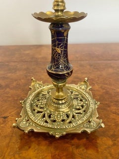 Unusual pair of antique Victorian quality brass & porcelain candlesticks