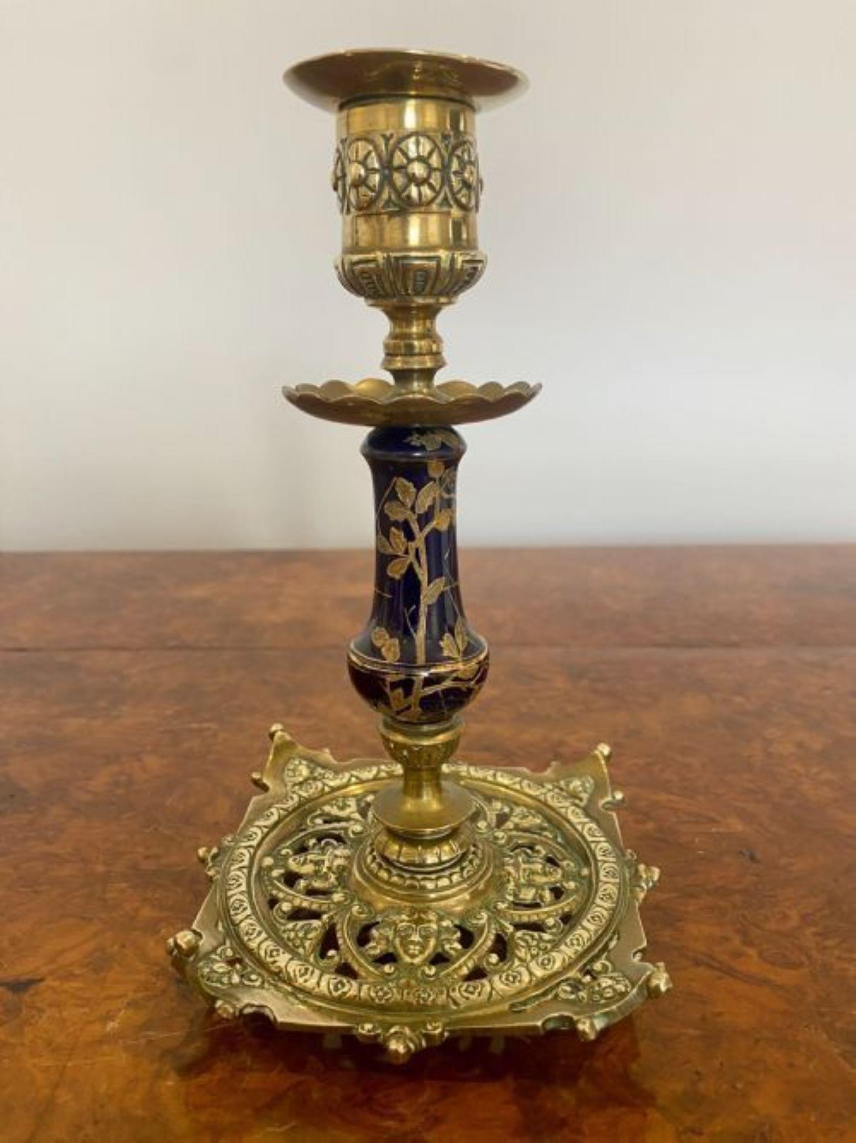 Unusual pair of antique Victorian quality brass & porcelain candlesticks In Good Condition For Sale In Ipswich, GB