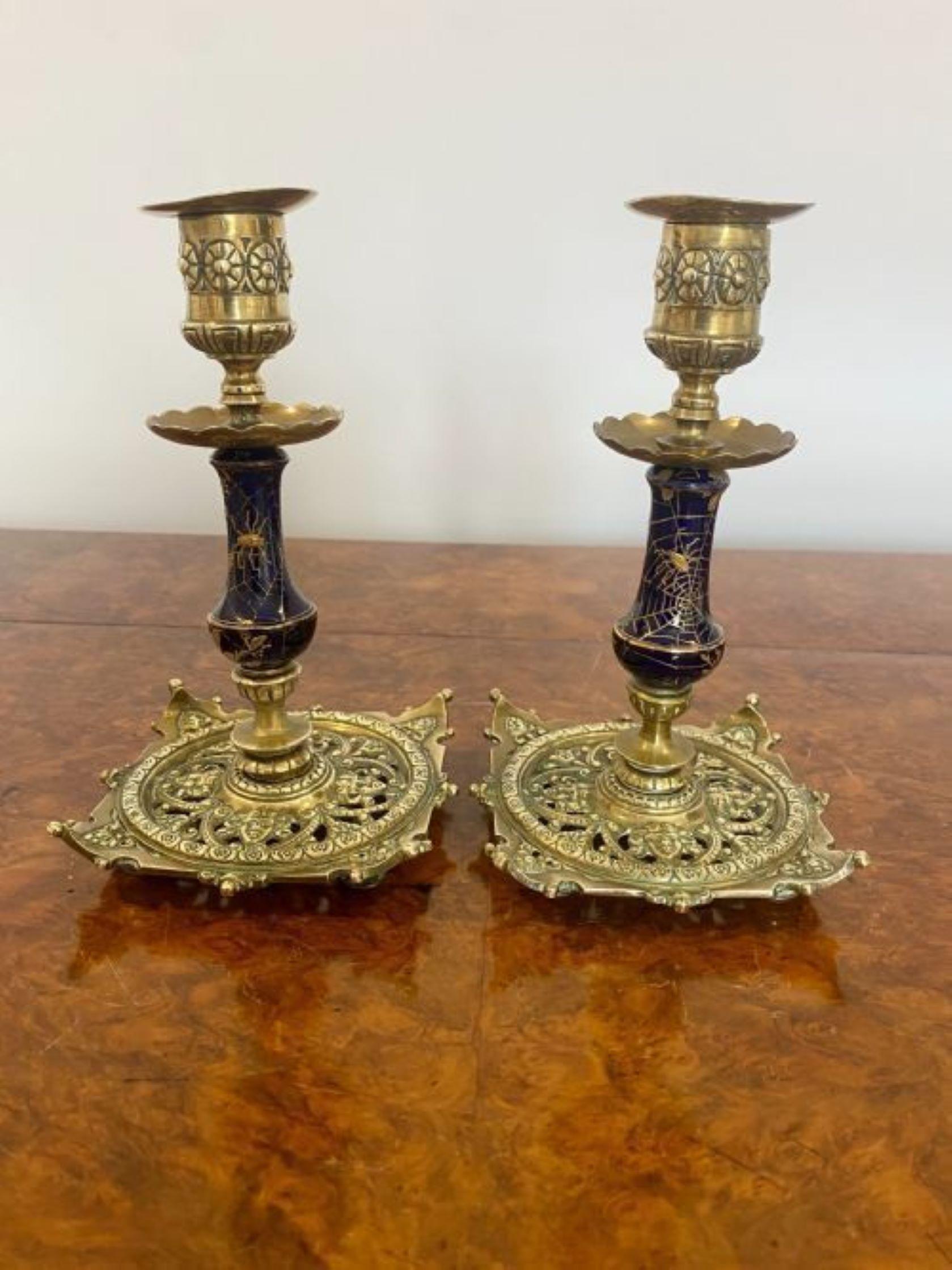 19th Century Unusual pair of antique Victorian quality brass & porcelain candlesticks For Sale