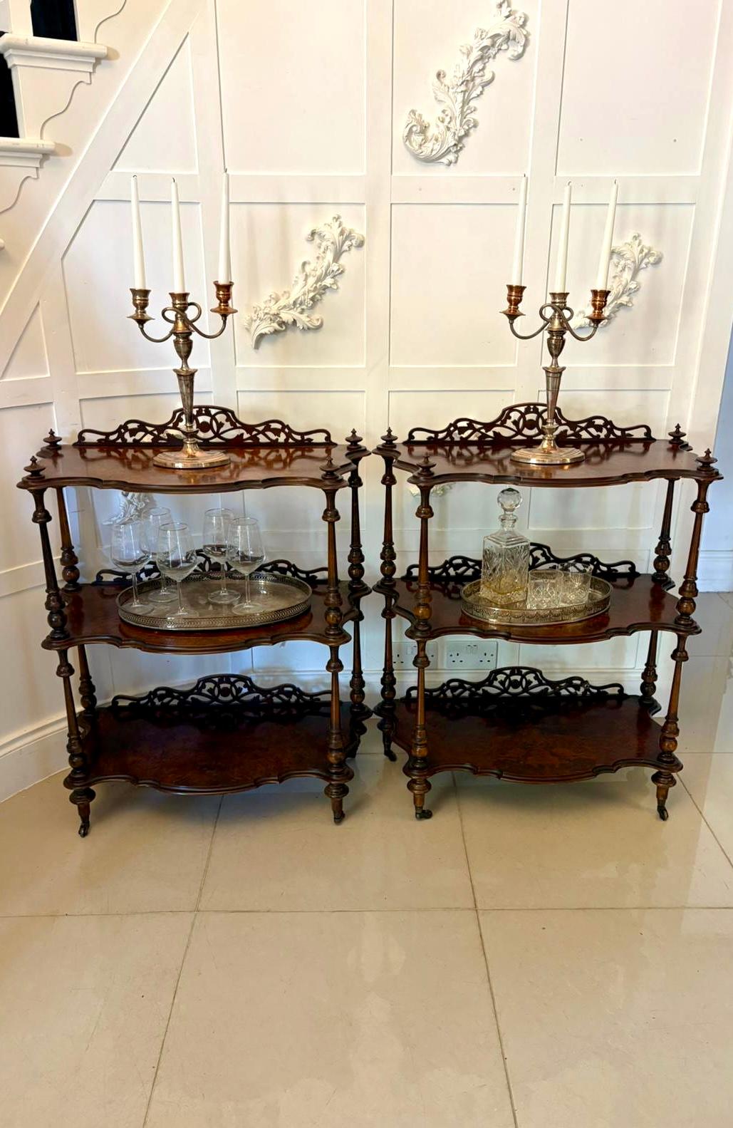 Ungewöhnliches Paar antiker Dingsbums in viktorianischer Qualität aus Wurzelnussholz mit geschnitzten Galerieaufsätzen über 3 hochwertigen Ausstellungsregalen aus Wurzelnussholz mit daumengeformtem Rand, die von eleganten gedrechselten