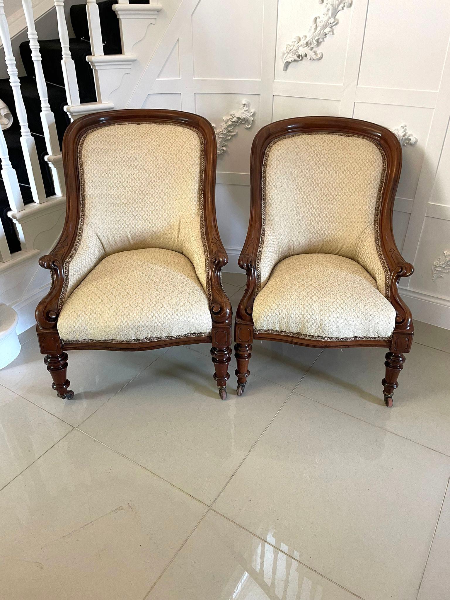 Unusual pair of antique Victorian quality mahogany armchairs having a quality shaped mahogany back, scroll shaped arms, serpentine shaped moulded front rail standing on turned tapering mahogany legs to the front out swept back legs with original