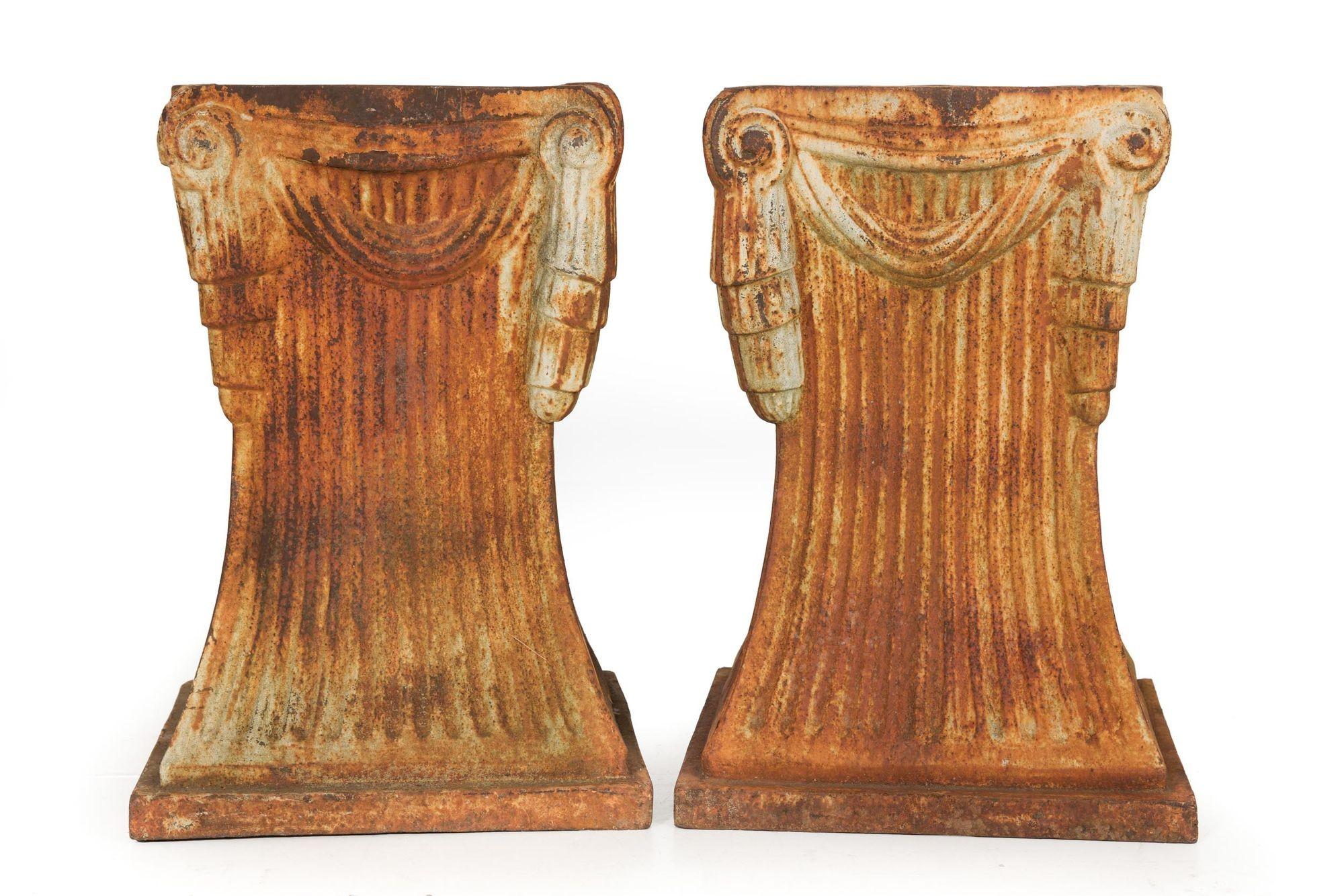 20th Century Unusual Pair of Art Deco Cast-Iron Garden Pedestals for Statuary or Planters For Sale