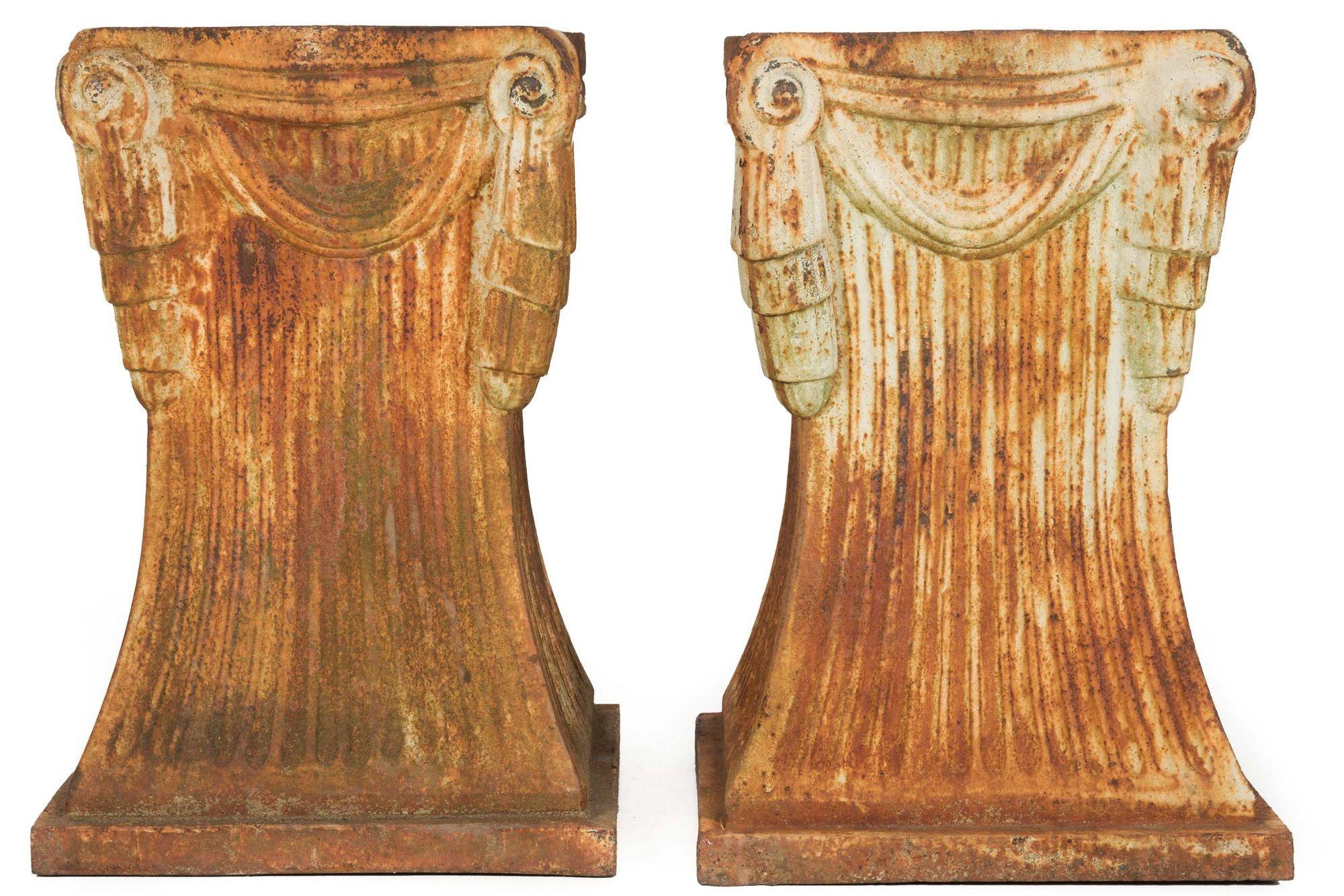 Unusual Pair of Art Deco Cast-Iron Garden Pedestals for Statuary or Planters For Sale 1