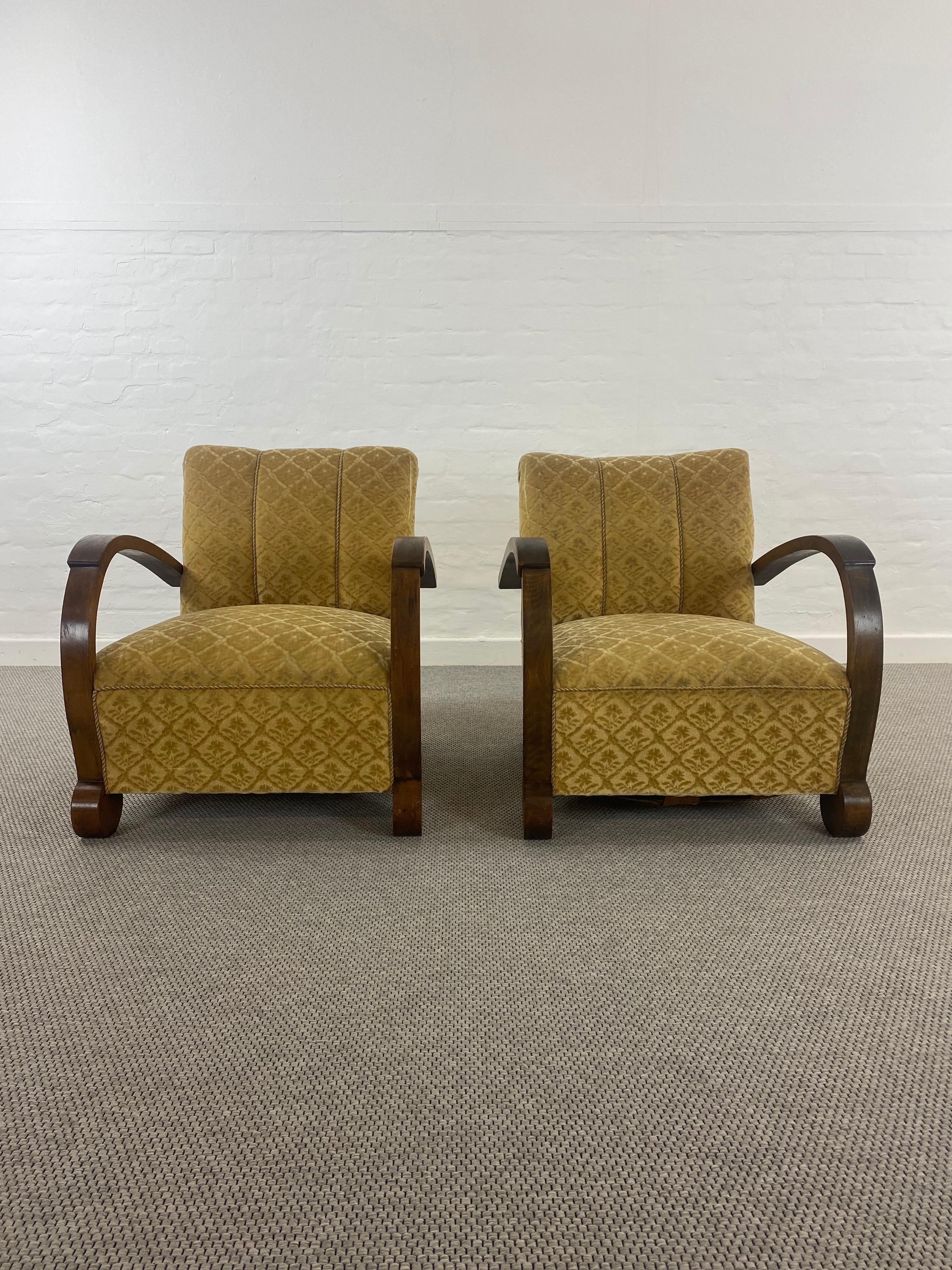 Fabric Unusual Pair of Art Deco German Armchairs/Club Chairs from 1920s, Bauhaus Style