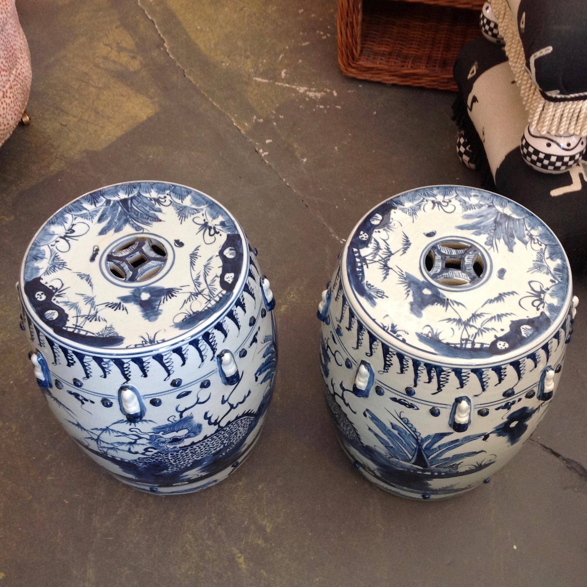 Chinese Unusual Pair of Blue and White Garden Seats