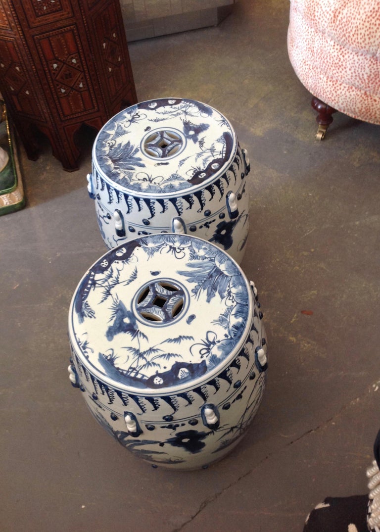 Unusual Pair of Blue and White Garden Seats at 1stDibs