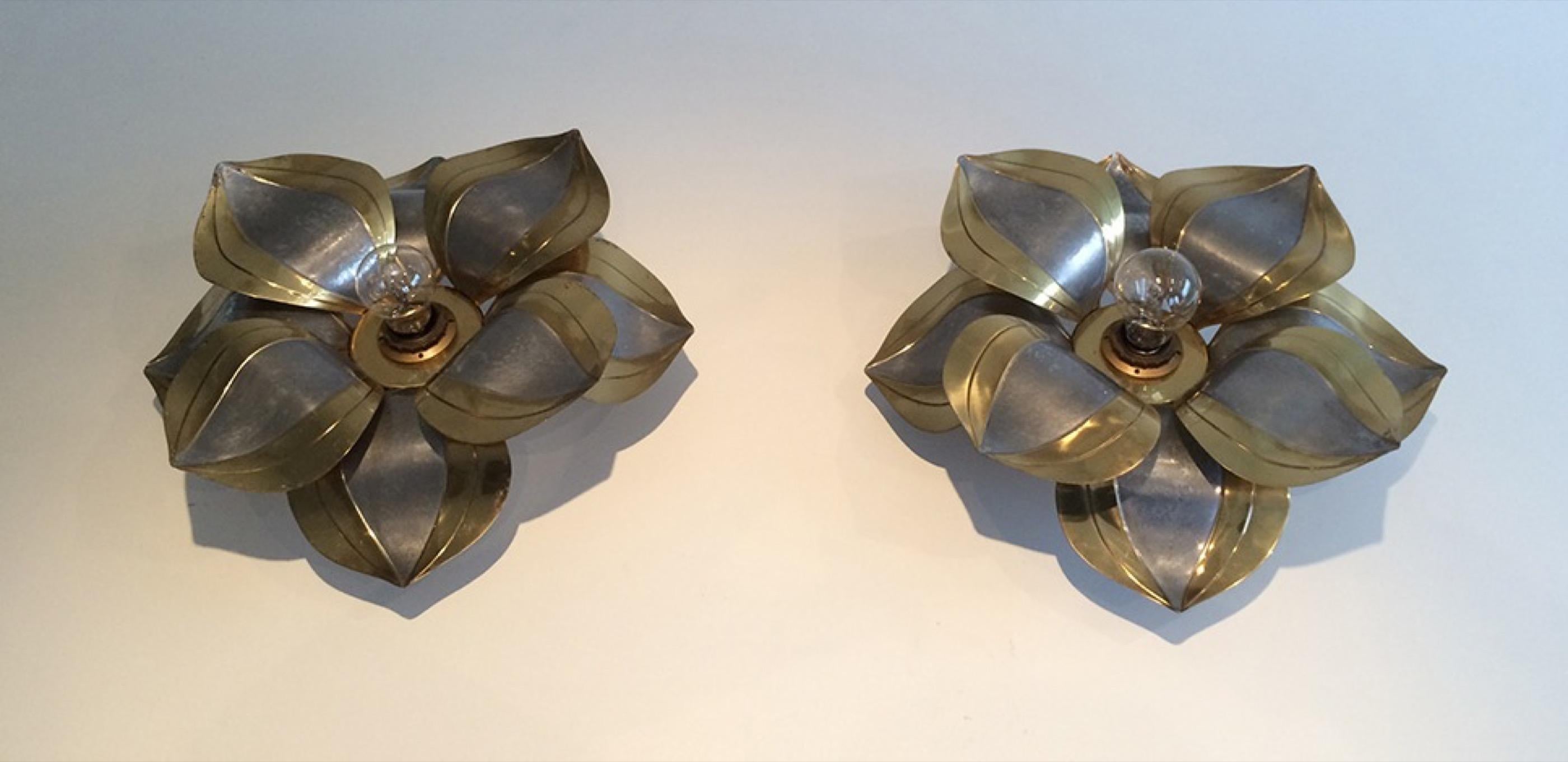 Unusual Pair of Brass and Metal Flower Wall Sconces, circa 1970 3