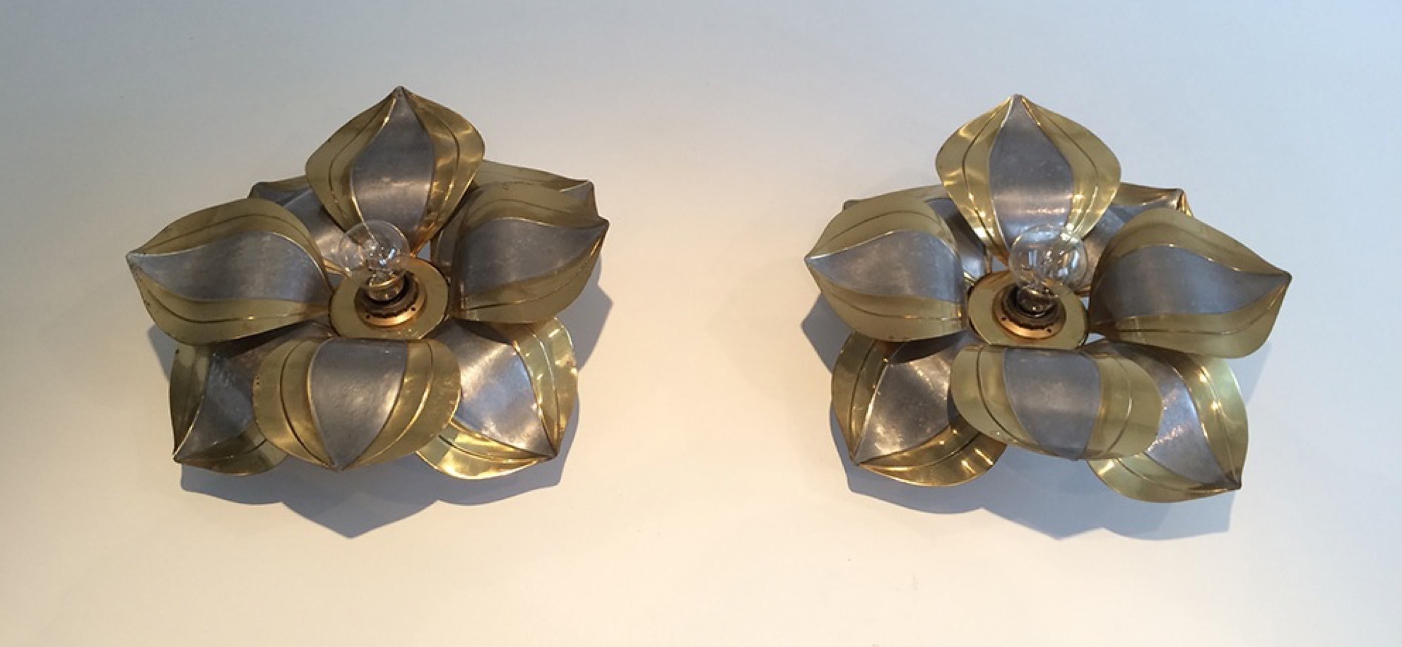 Unusual Pair of Brass and Metal Flower Wall Sconces, circa 1970 4
