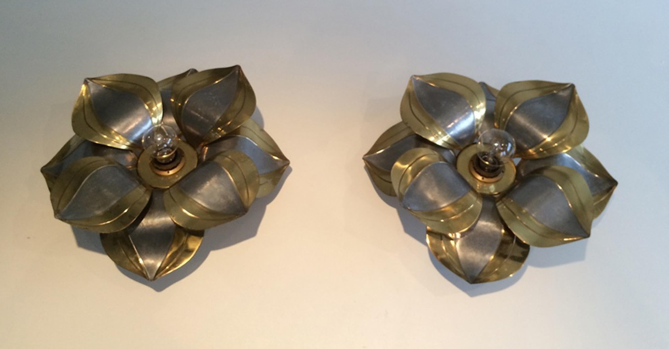 Unusual Pair of Brass and Metal Flower Wall Sconces, circa 1970 5