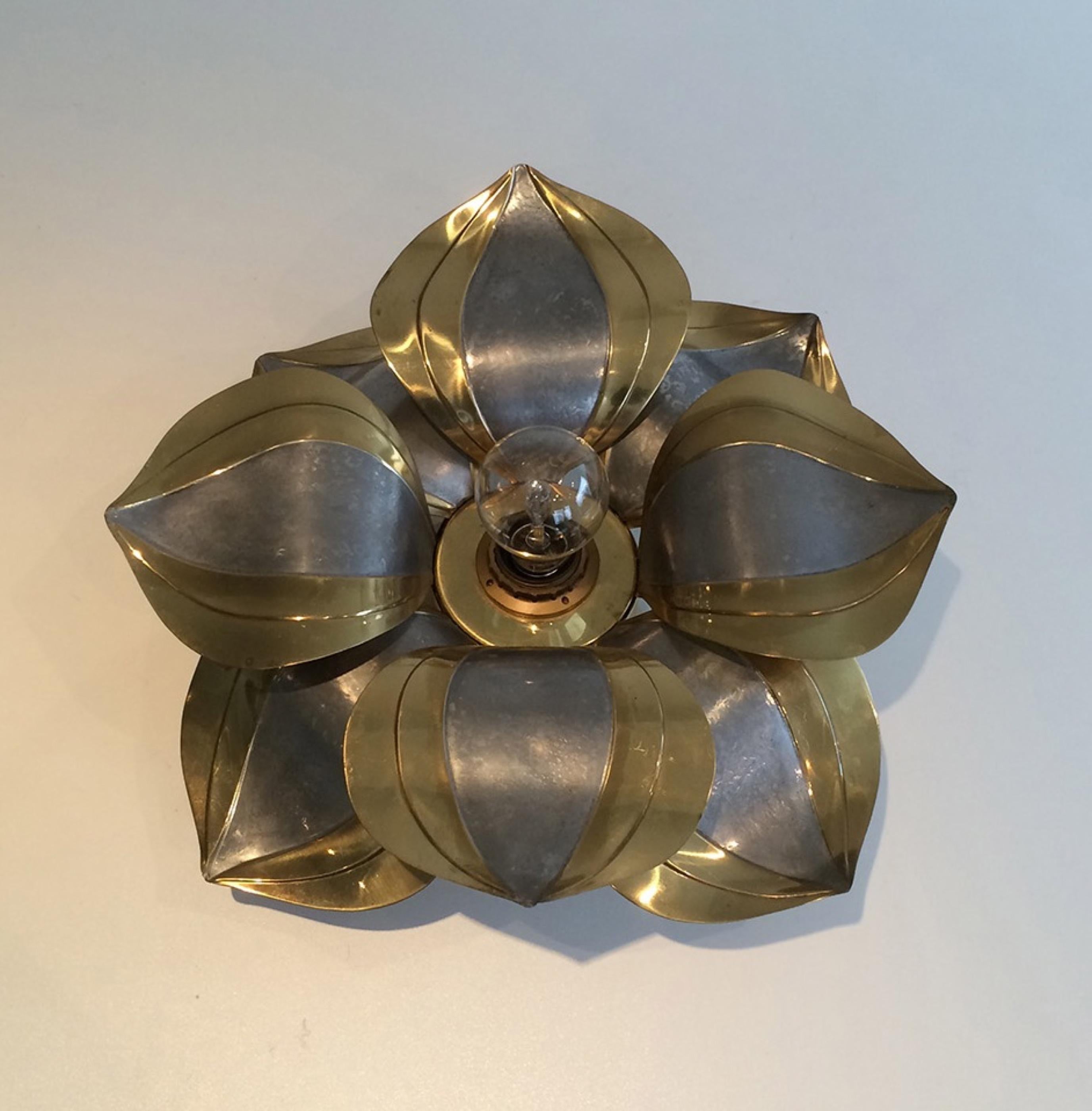 Hollywood Regency Unusual Pair of Brass and Metal Flower Wall Sconces, circa 1970