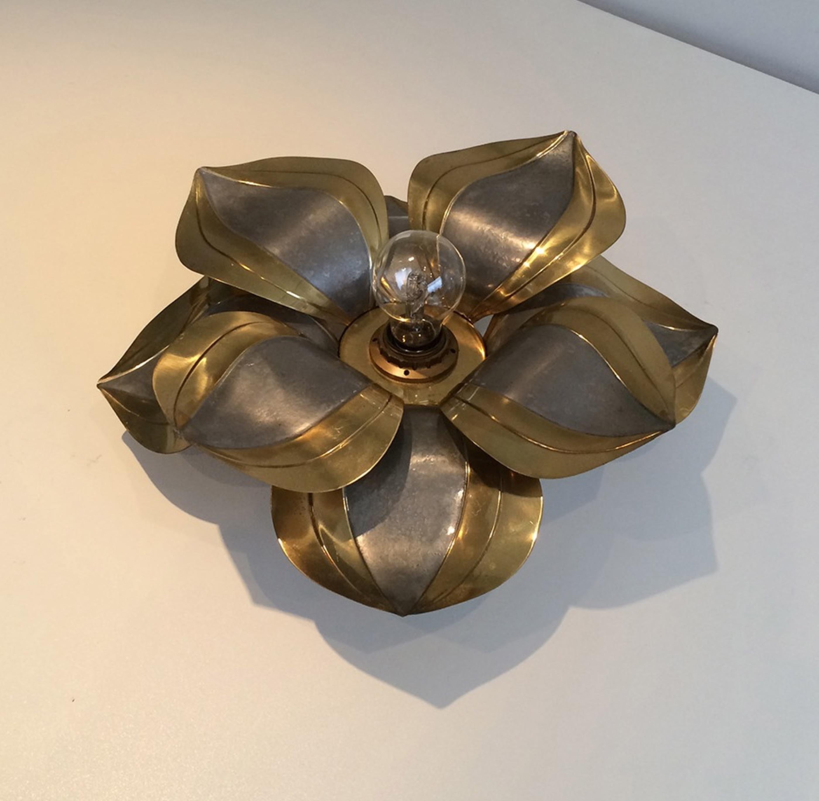 French Unusual Pair of Brass and Metal Flower Wall Sconces, circa 1970
