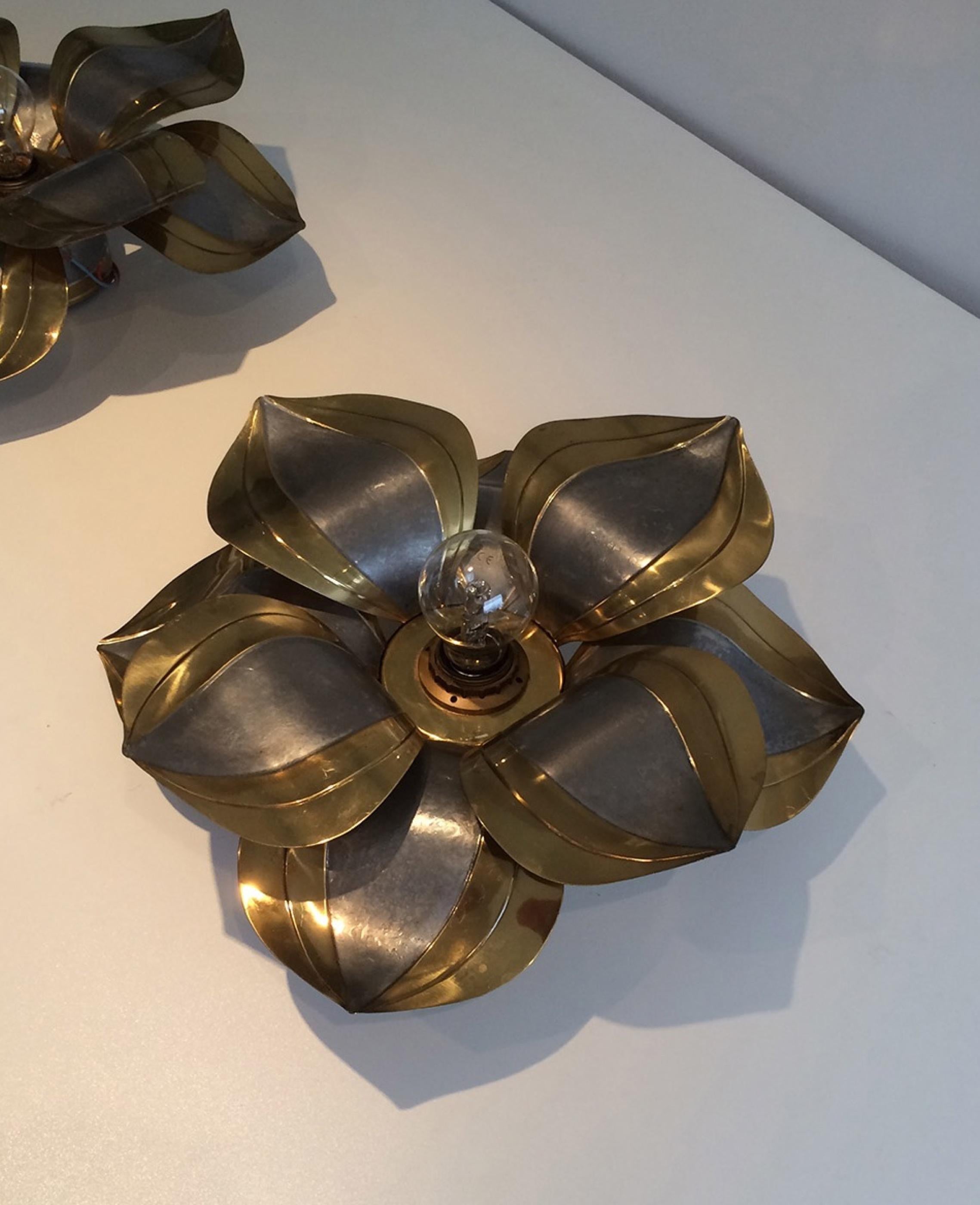Brushed Unusual Pair of Brass and Metal Flower Wall Sconces, circa 1970