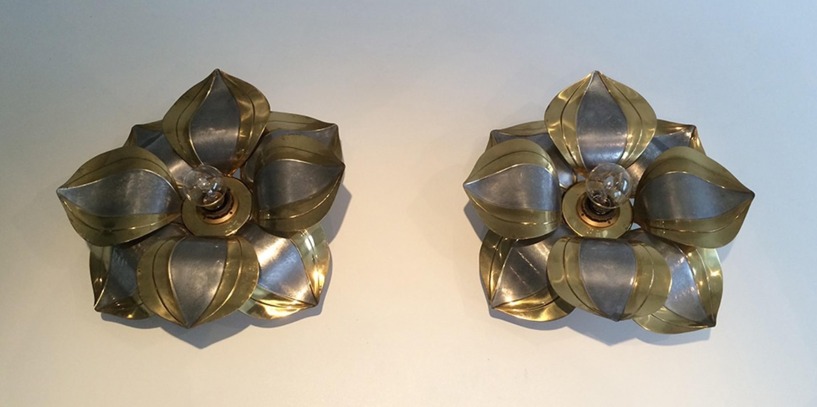 Unusual Pair of Brass and Metal Flower Wall Sconces, circa 1970 2
