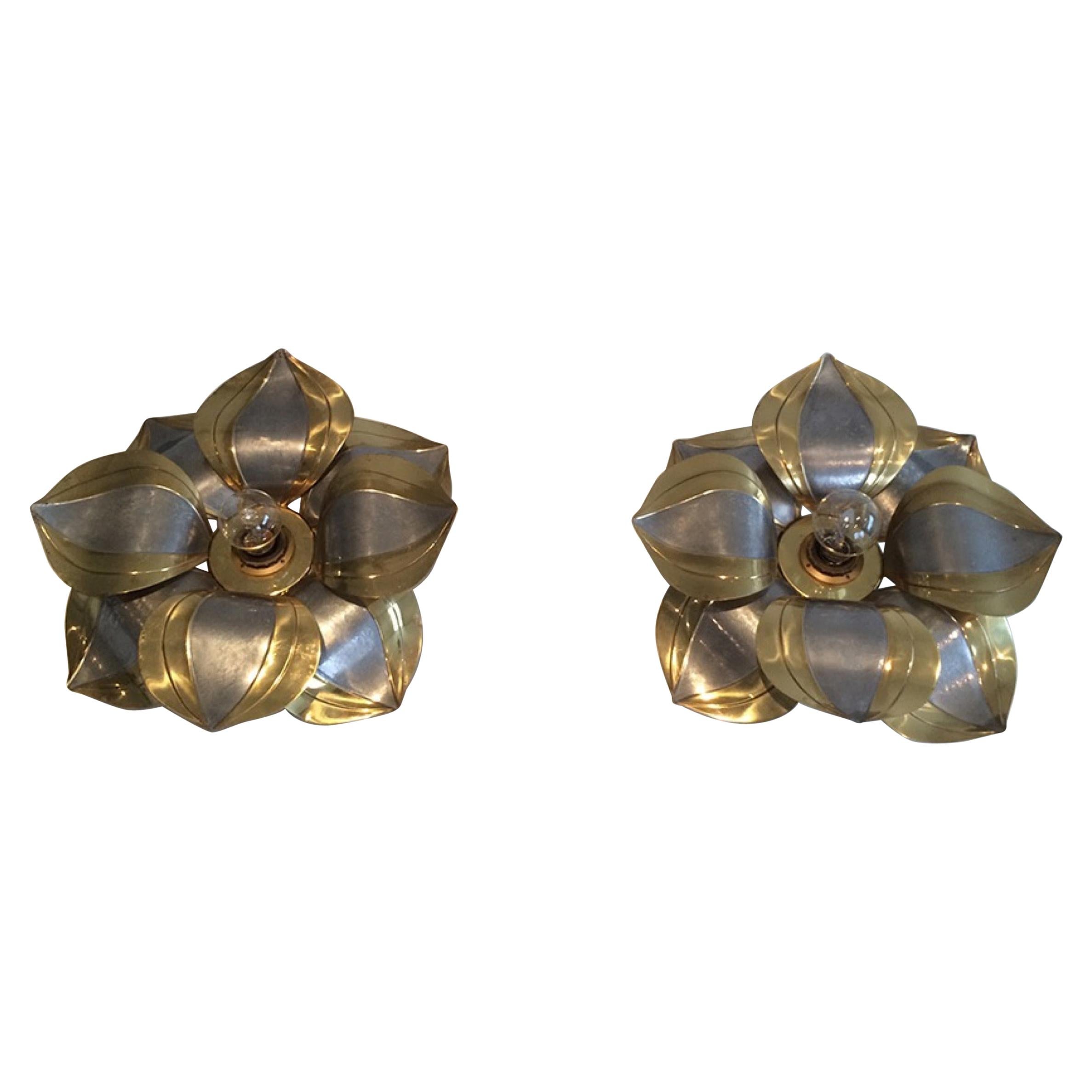 Unusual Pair of Brass and Metal Flower Wall Sconces, circa 1970