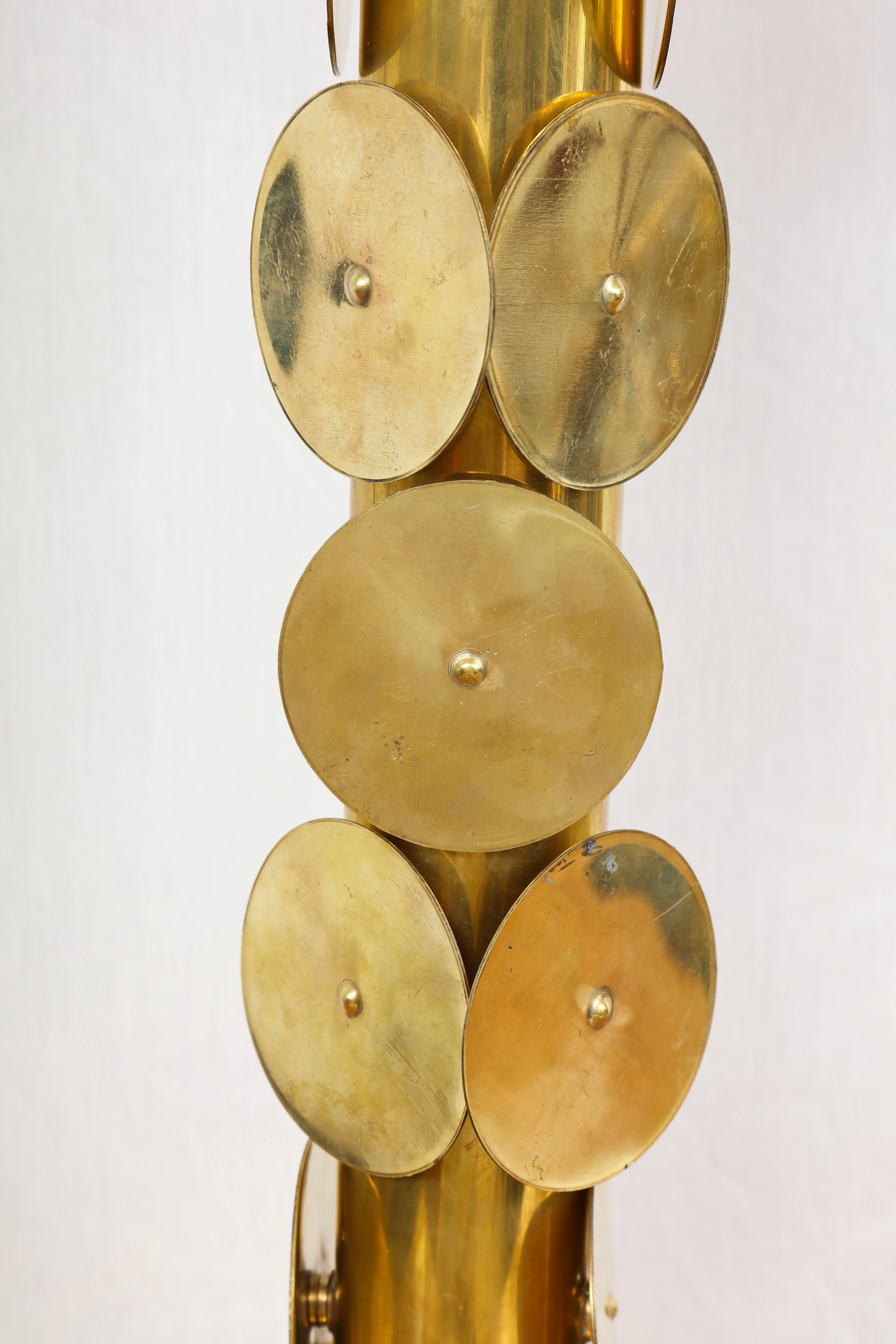 Pair of Custom Brass Lamps with Circular Brass Discs For Sale 2