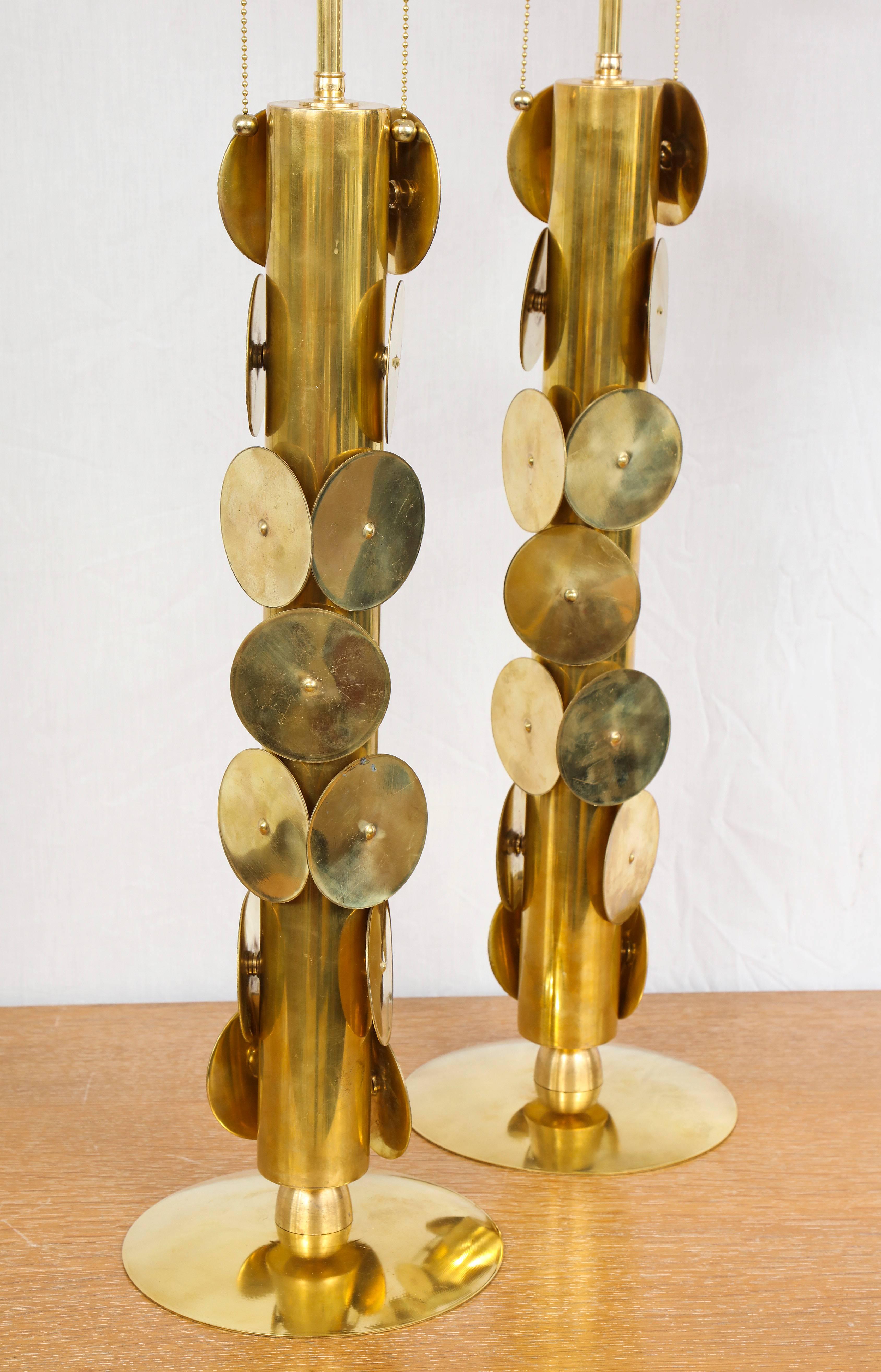 Italian Pair of Custom Brass Lamps with Circular Brass Discs For Sale