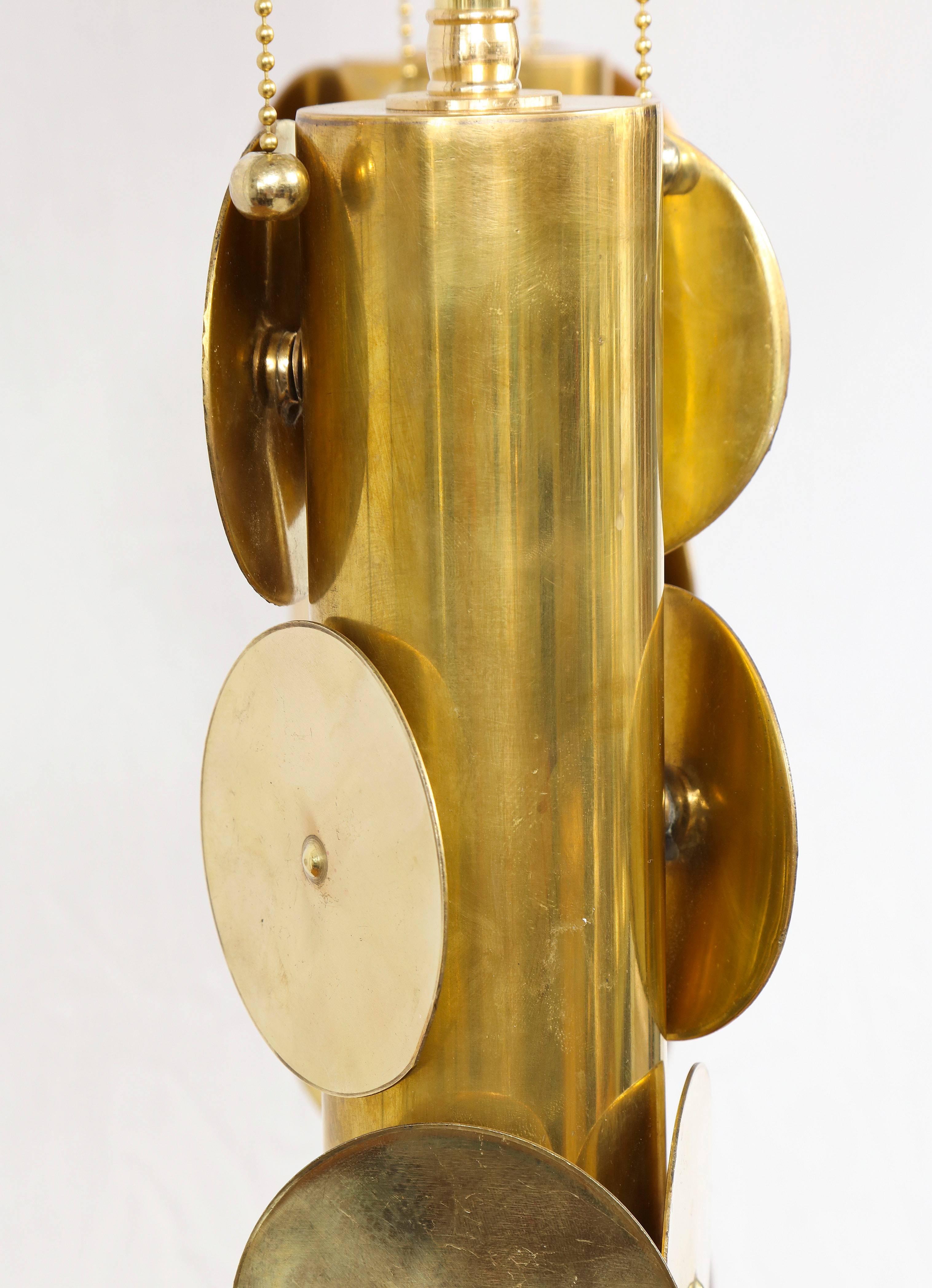 Contemporary Pair of Custom Brass Lamps with Circular Brass Discs For Sale