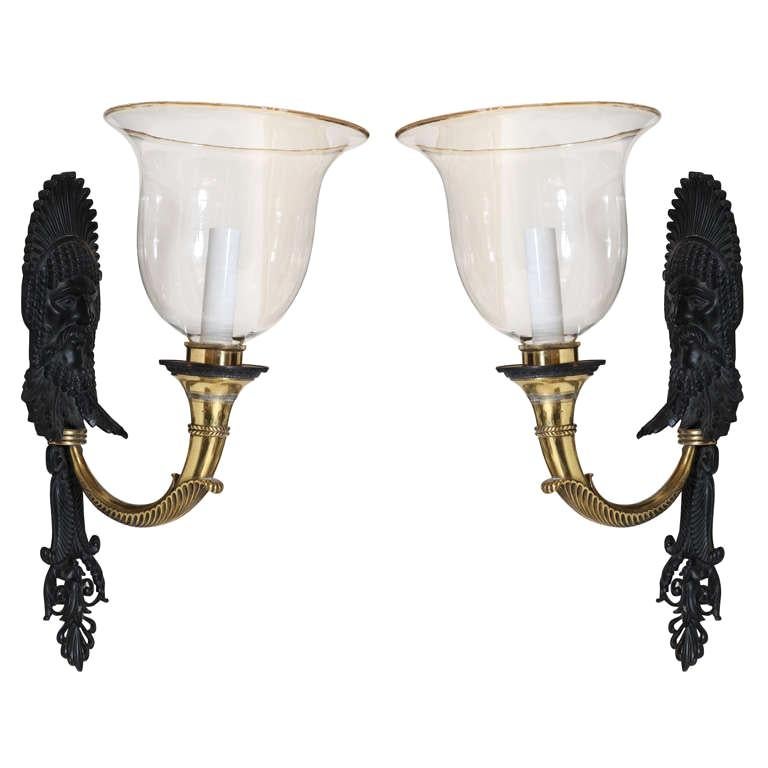 Unusual Pair of Bronze and Brass Sconces by E F Caldwell