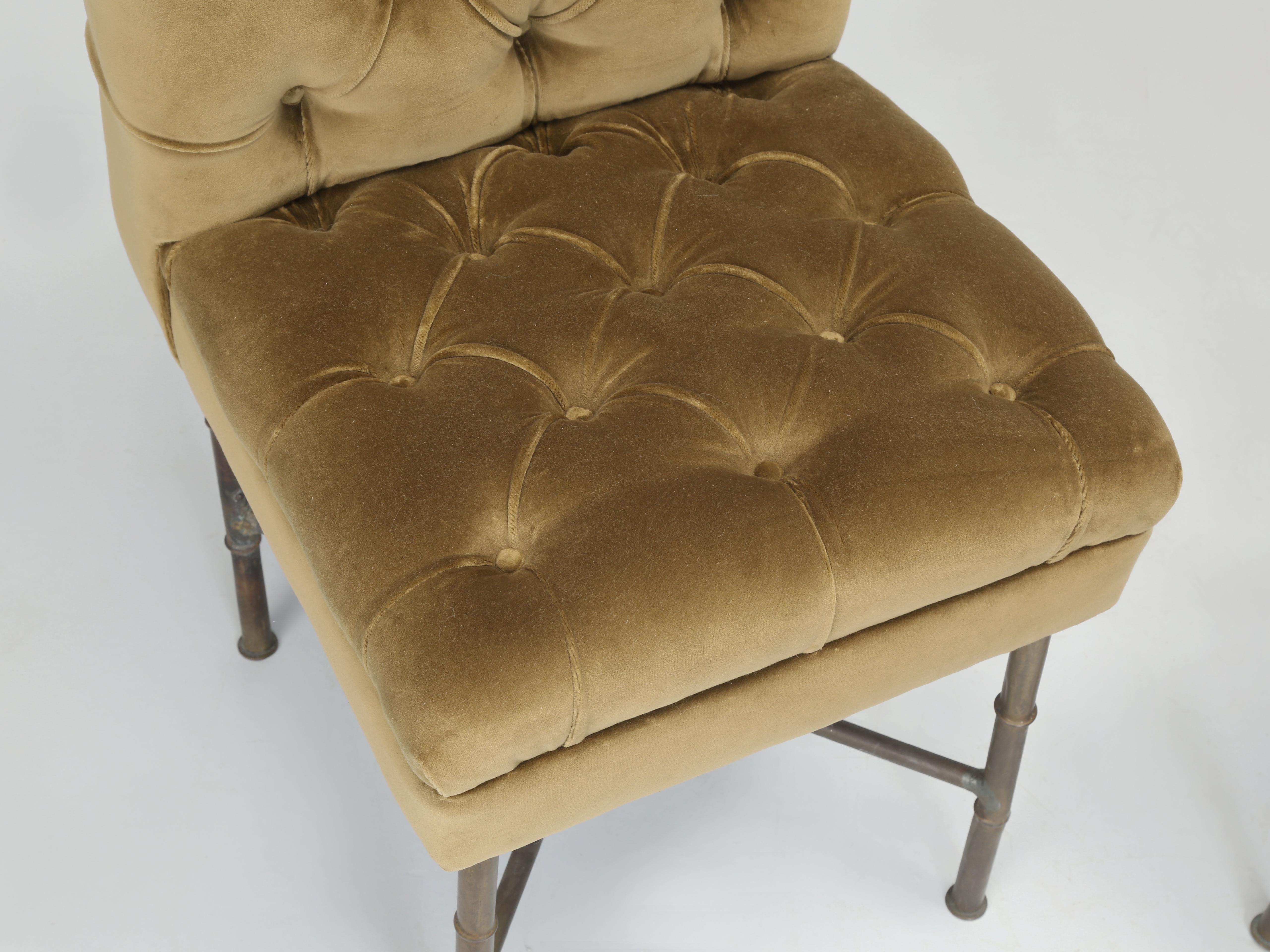 Cast Unusual Pair of Bronze and Tufted Silk Velvet Chairs 
