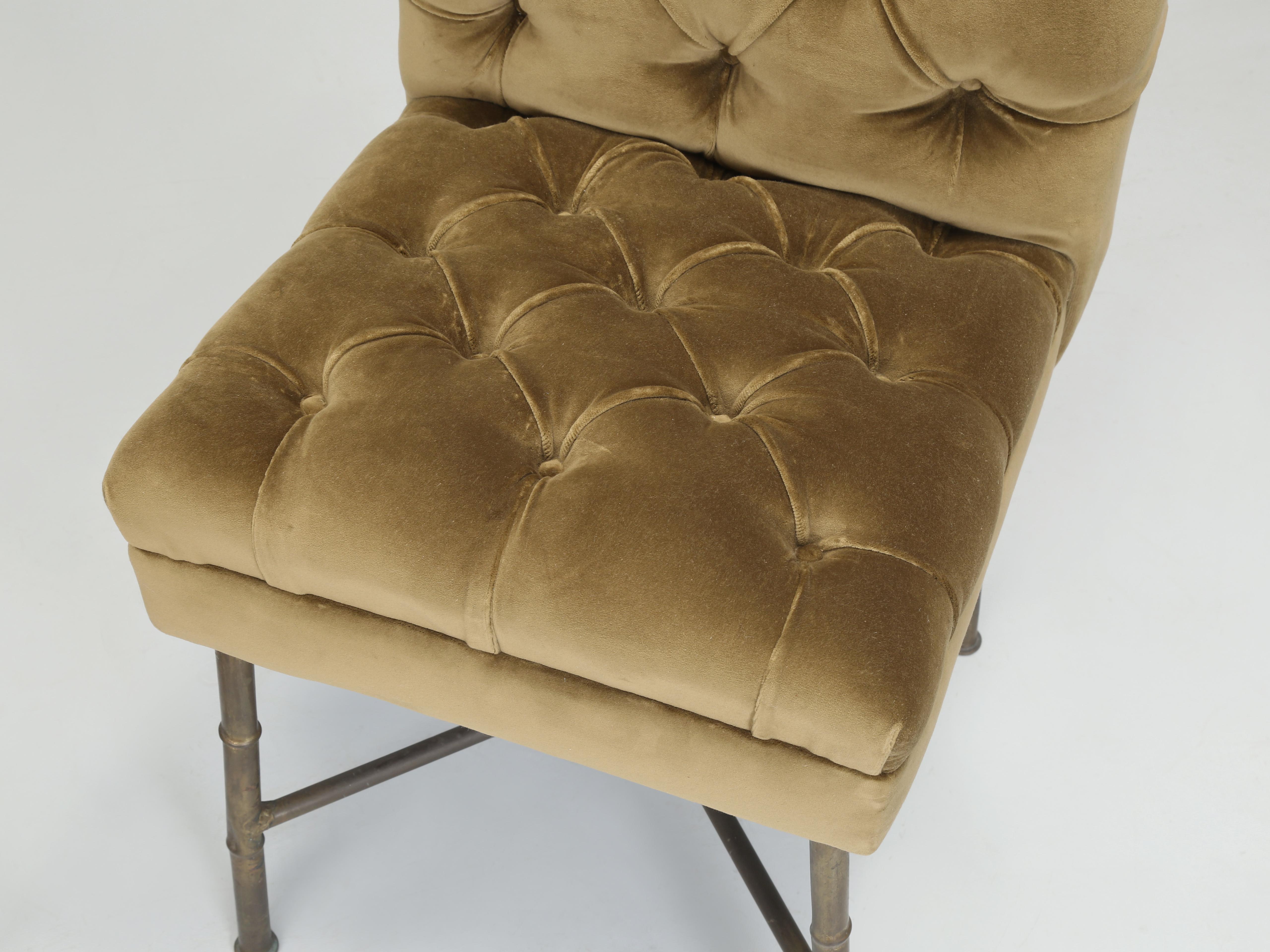 Unusual Pair of Bronze and Tufted Silk Velvet Chairs  In Good Condition In Chicago, IL