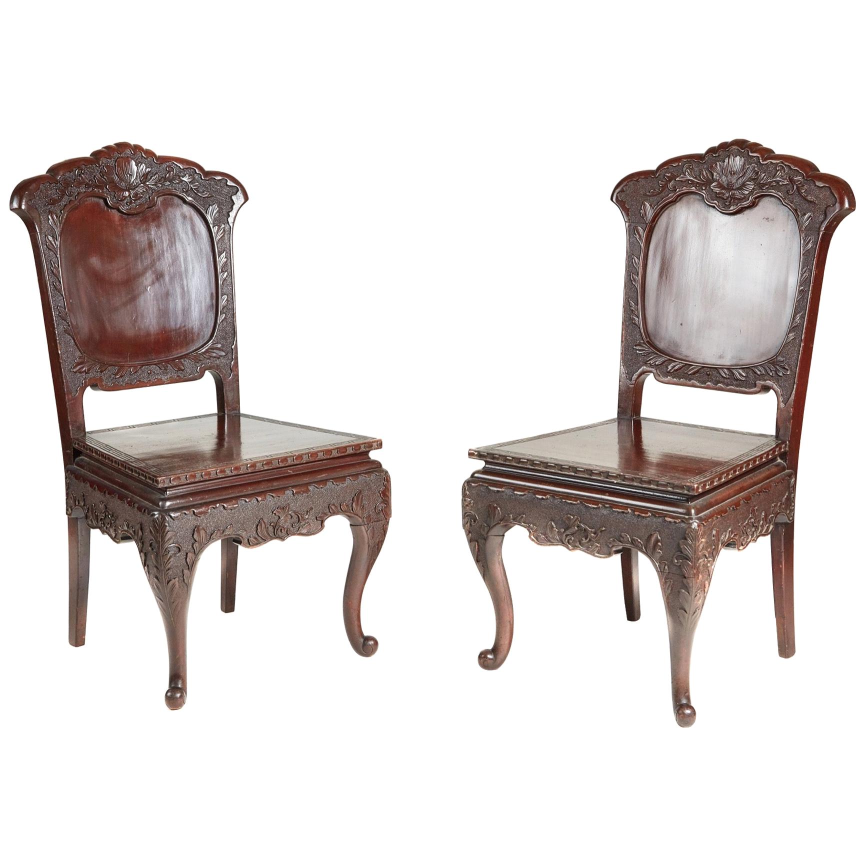 Unusual Pair of Carved Chinese Lacquer Side Chairs For Sale