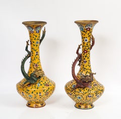 Unusual Pair of Chinese Imperial Yellow Ground Cloisonné Dragon Vases